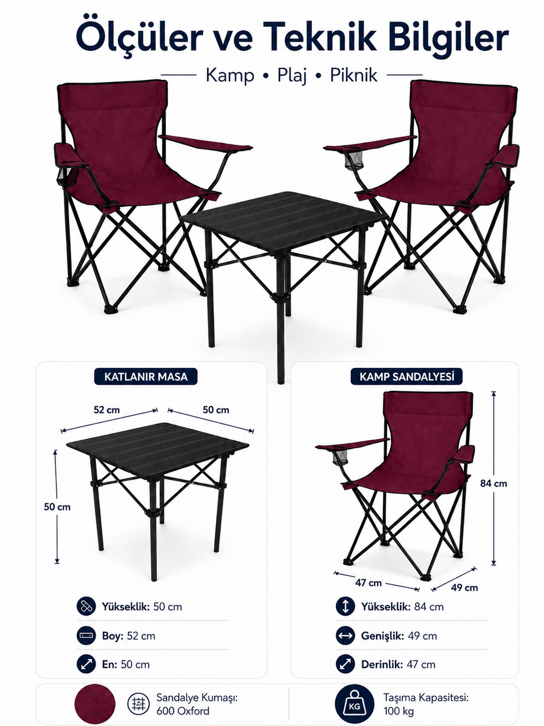 2 Sandalyeli Katlanır Kamp Seti 52 cm Masa ve Sandalye