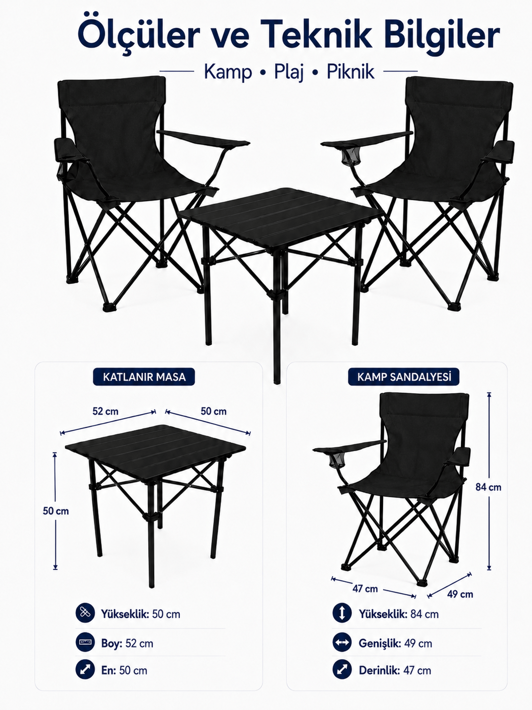 2 Sandalyeli Katlanır Kamp Seti 52 cm Masa ve Sandalye