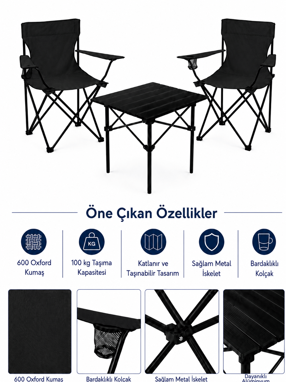 2 Sandalyeli Katlanır Kamp Seti 52 cm Masa ve Sandalye