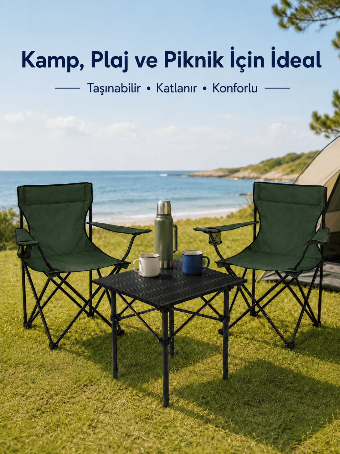 2 Sandalyeli Katlanır Kamp Seti 52 cm Masa ve Sandalye