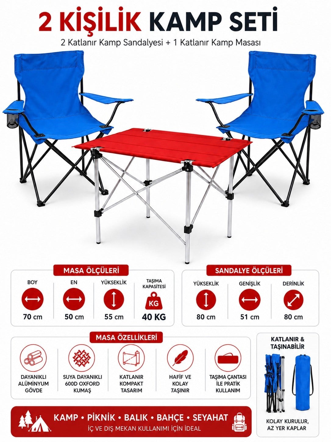 2 Sandalyeli Katlanır Kamp Seti Masa ve Sandalye Takımı