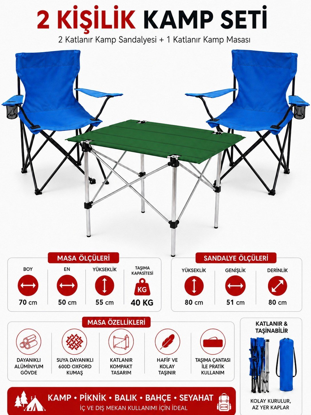 2 Sandalyeli Katlanır Kamp Seti Masa ve Sandalye Takımı