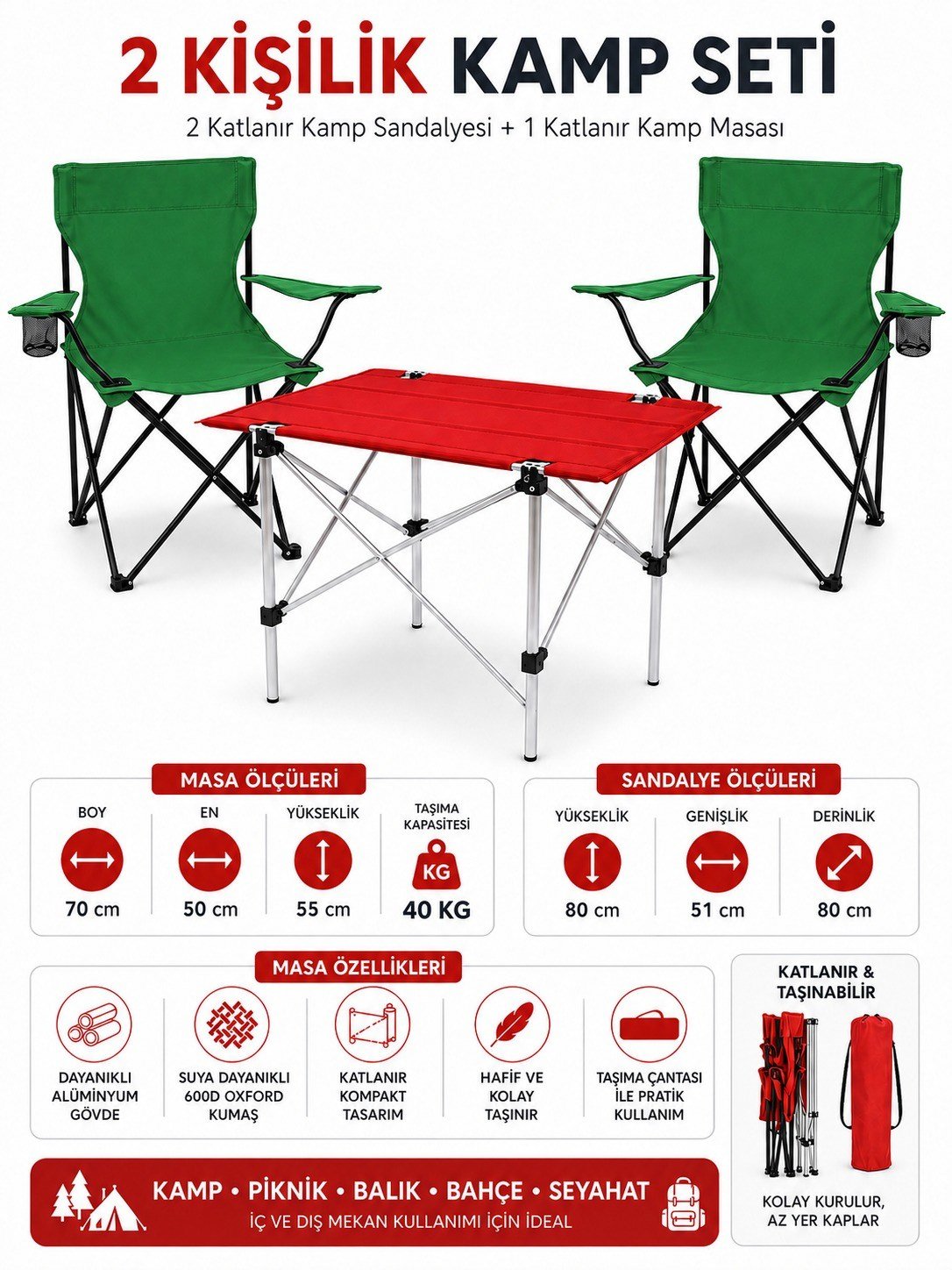 2 Sandalyeli Katlanır Kamp Seti Masa ve Sandalye Takımı