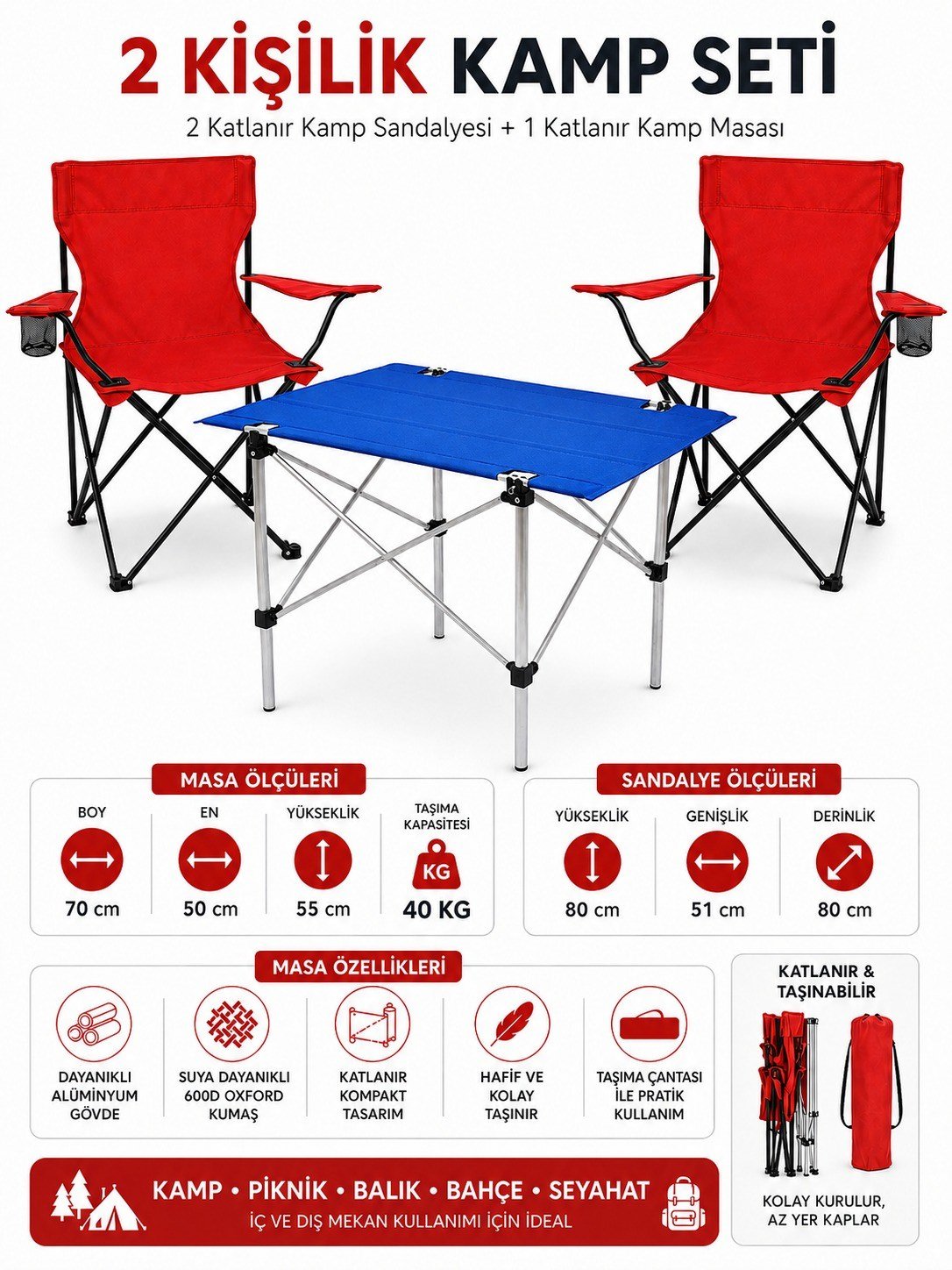 2 Sandalyeli Katlanır Kamp Seti Masa ve Sandalye Takımı