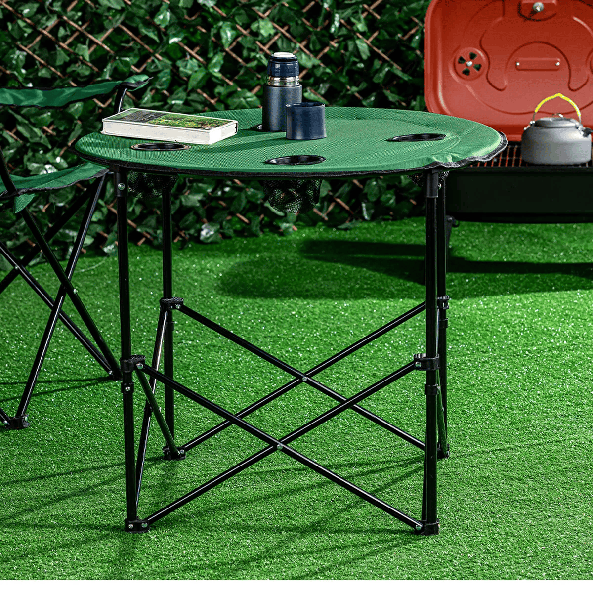 4 Sandalyeli Katlanır Kamp Masa Sandalye Seti 71 cm Yuvarlak Masa Çantalı 5 Parça