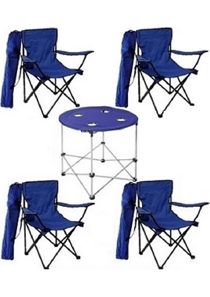 4 Sandalyeli Katlanır Kamp Masa Sandalye Seti 71 cm Yuvarlak Masa Çantalı 5 Parça