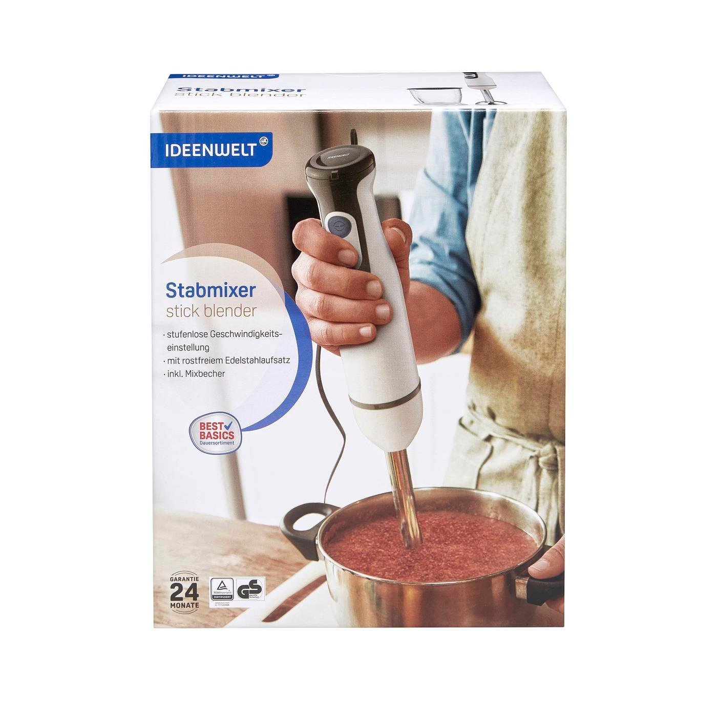 Ideenwelt 600W El Blenderi – Kademesiz Hız, Turbo Tuşu, Paslanmaz Çelik Başlık, 700 ml Kapaklı Karıştırma Bardağı