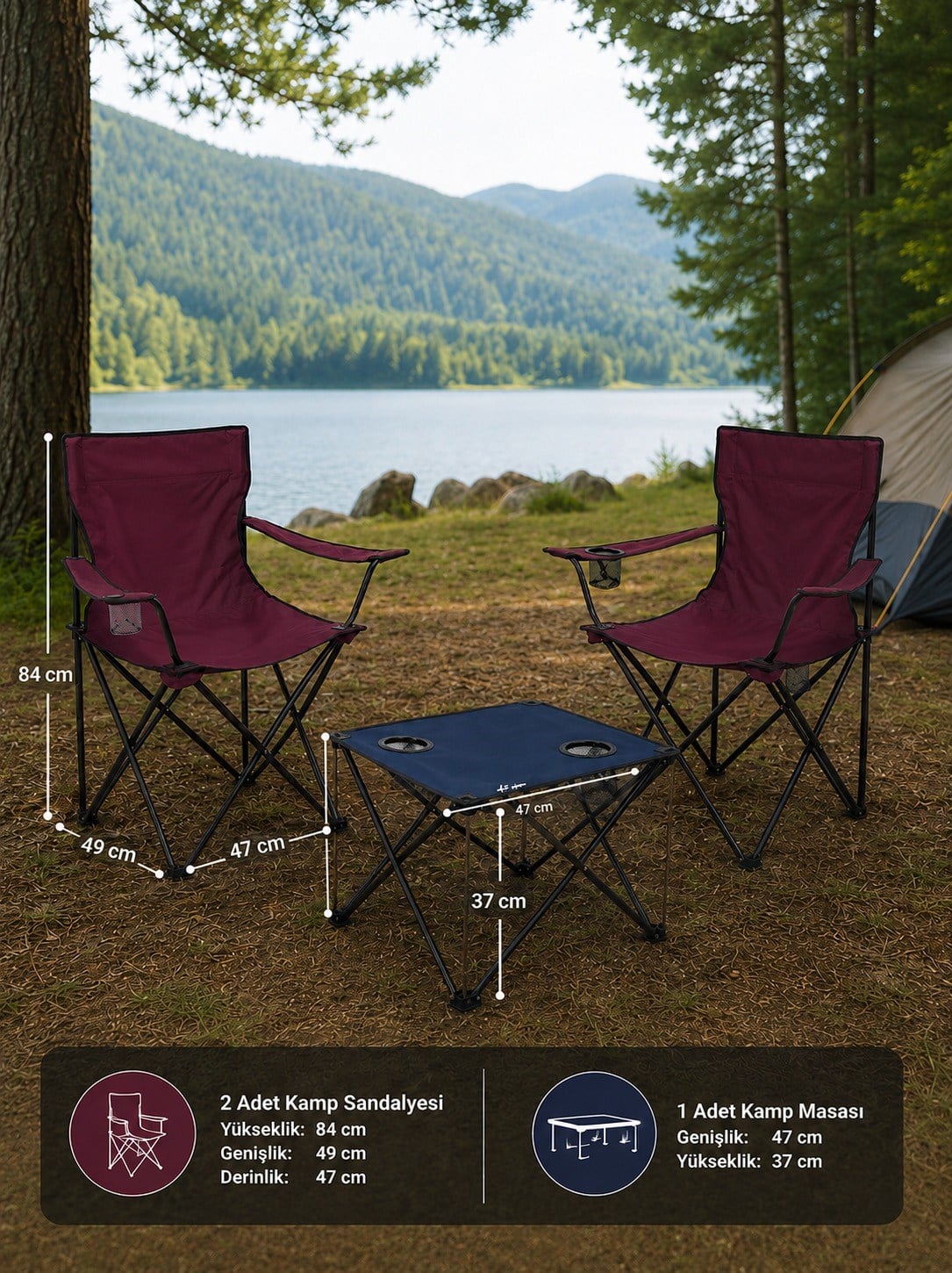 Katlanır Kamp Masa Sandalye Seti – 2 Bordo Sandalye ve Mavi 47 cm Masa
