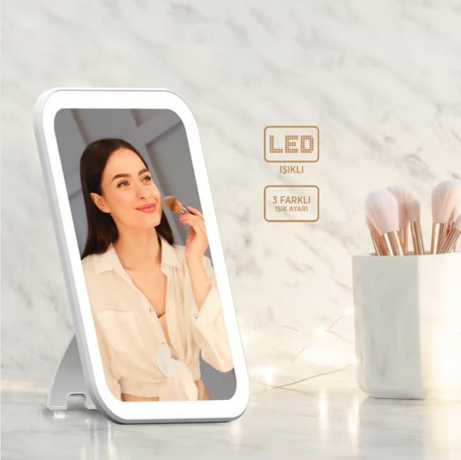 Polosmart PBS510 Şarjlı LED'li Makyaj Aynası Beyaz – Dokunmatik Işıklı Masaüstü Ayna