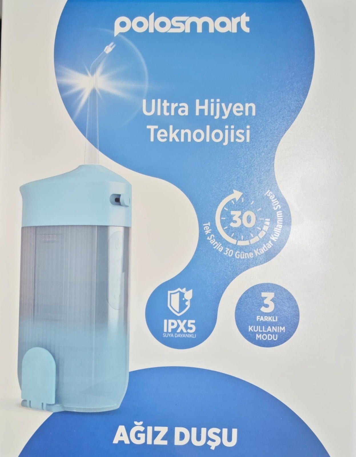 Polosmart PBS821 Şarjlı Ağız Duşu – 3 Modlu, 4 Başlıklı, IPX5 Suya Dayanıklı Mavi