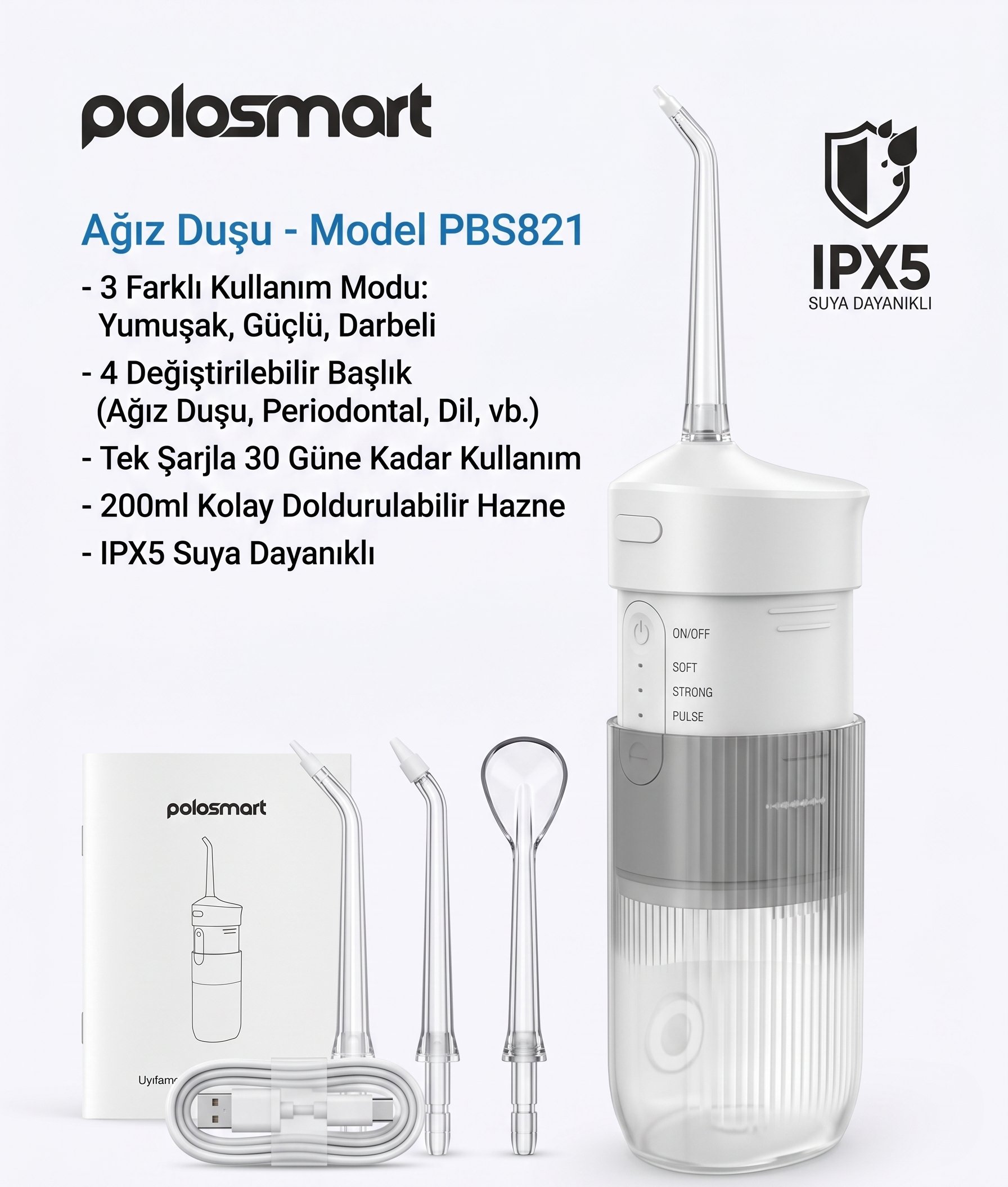 Polosmart PBS821 Şarjlı Ağız Duşu – 3 Modlu, 4 Başlıklı, IPX5 Suya Dayanıklı Toz Pembe