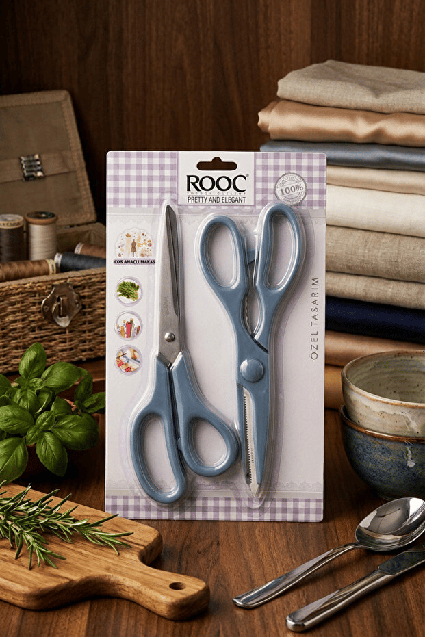 Rooc 2'li Çok Amaçlı Makas Seti 22 cm – Tırtıklı Ağız, Büyük Boy, Mavi (Mutfak & Ofis Kullanımı)