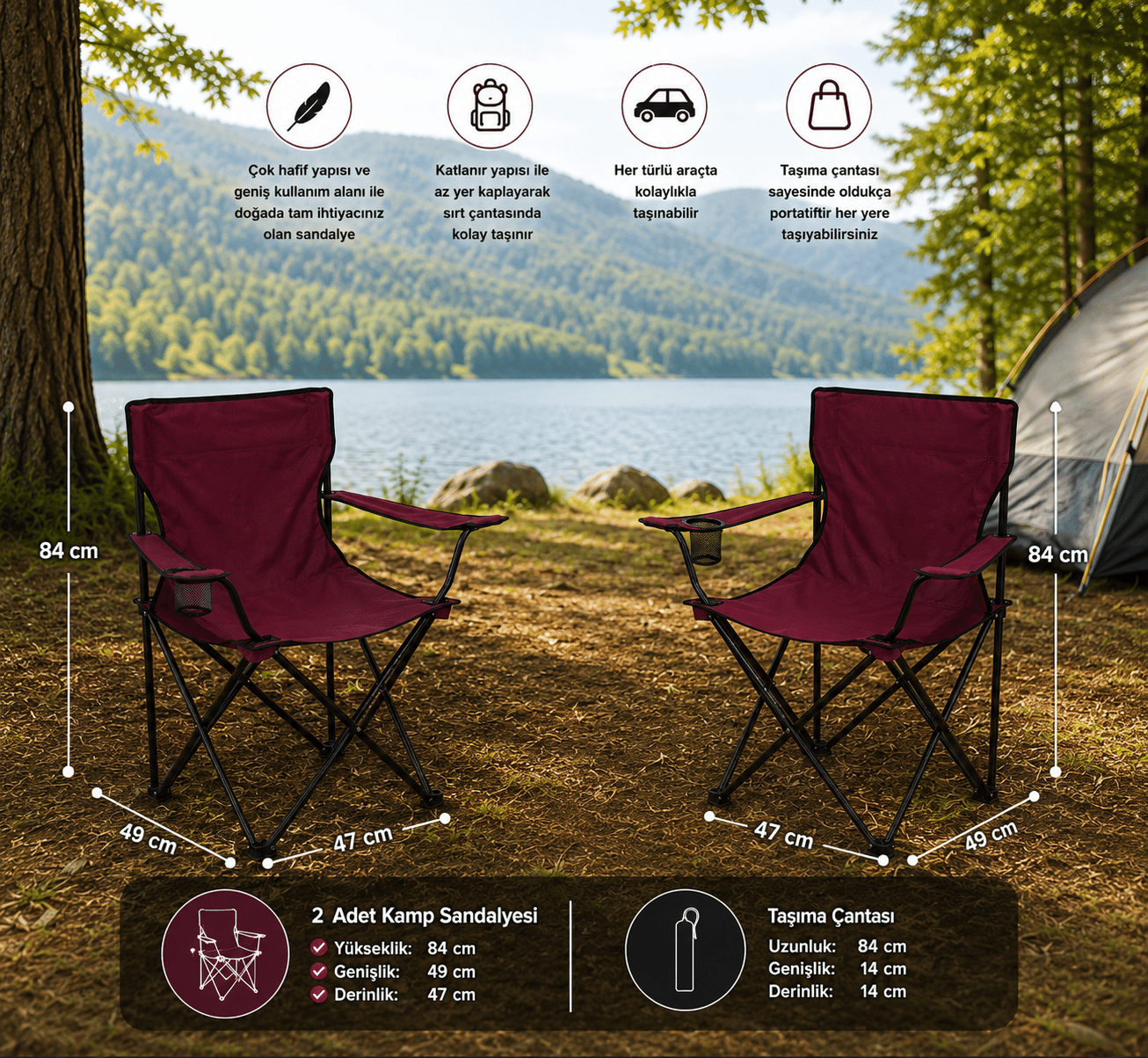 trendinyeri Bordo Sandalyeli Kamp Seti – 2 Sandalye ve Kırmızı Masa