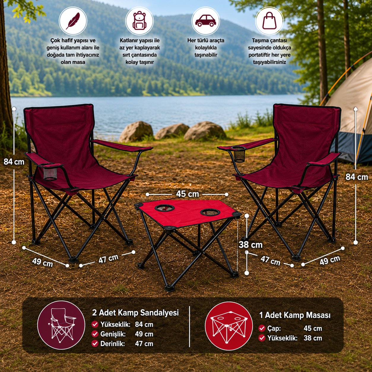 trendinyeri Bordo Sandalyeli Kamp Seti – 2 Sandalye ve Kırmızı Masa