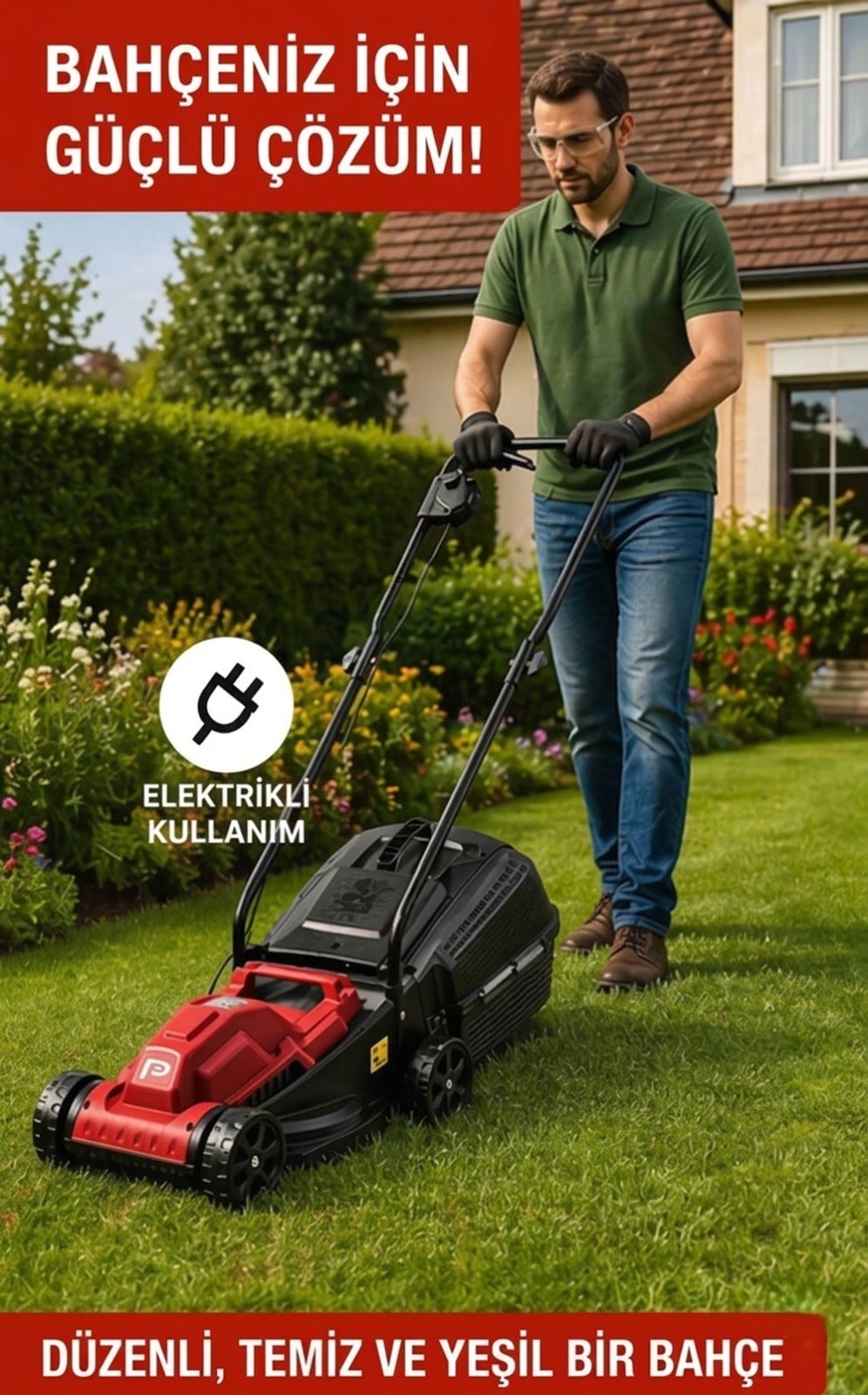 Trendinyeri Performance 1200W Elektrikli Çim Biçme Makinesi 32 cm 27L Sepetli Ayarlanabilir Çim Kesme Makinesi