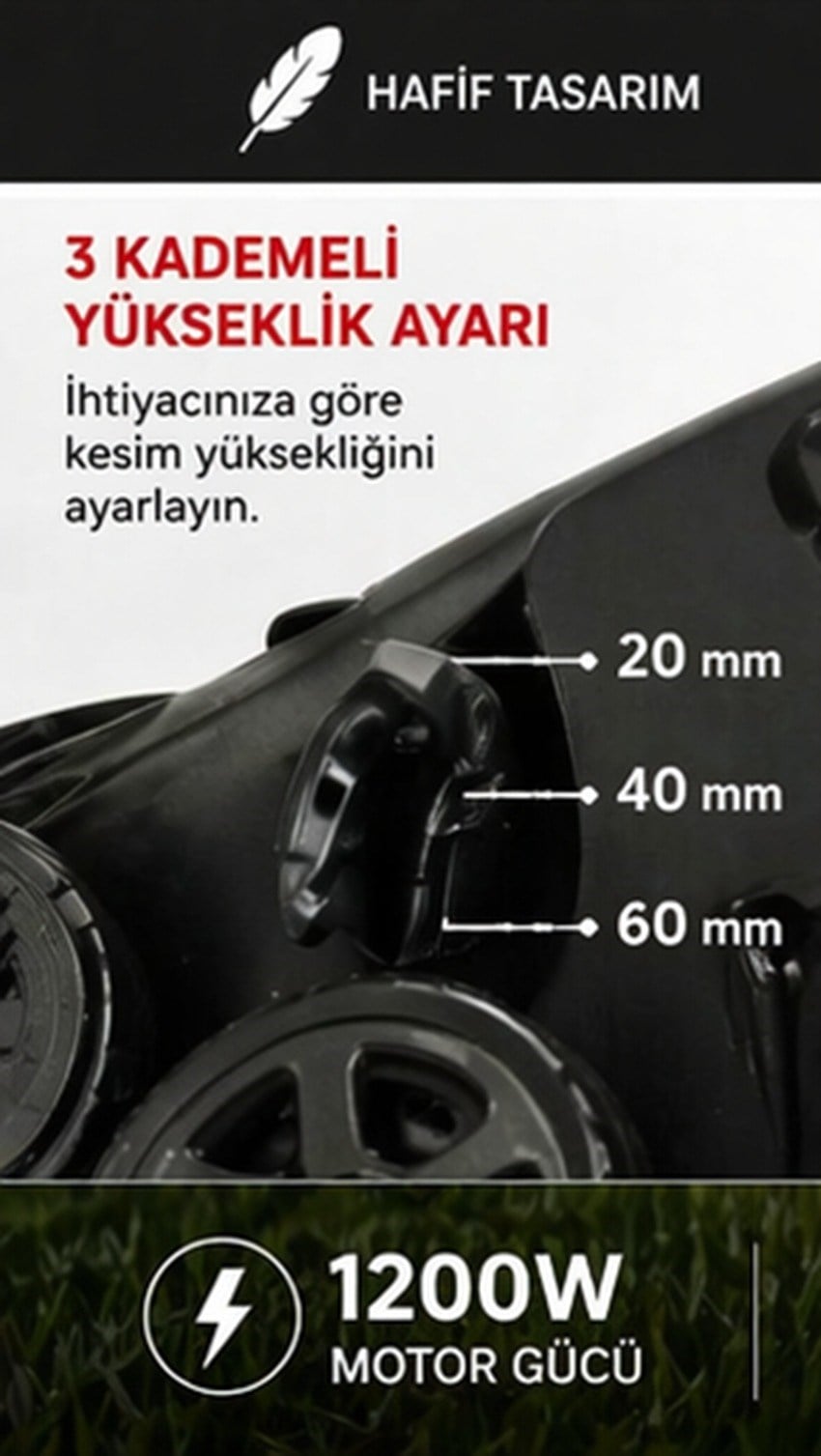 Trendinyeri Performance 1200W Elektrikli Çim Biçme Makinesi 32 cm 27L Sepetli Ayarlanabilir Çim Kesme Makinesi