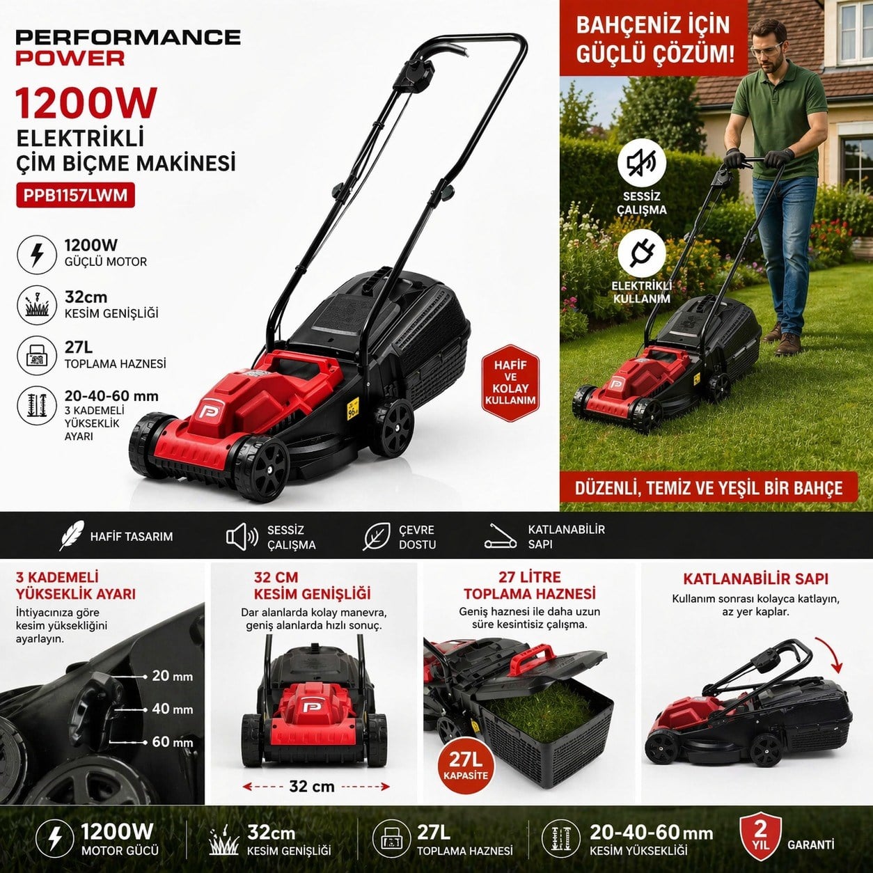 Trendinyeri Performance 1200W Elektrikli Çim Biçme Makinesi 32 cm 27L Sepetli Ayarlanabilir Çim Kesme Makinesi