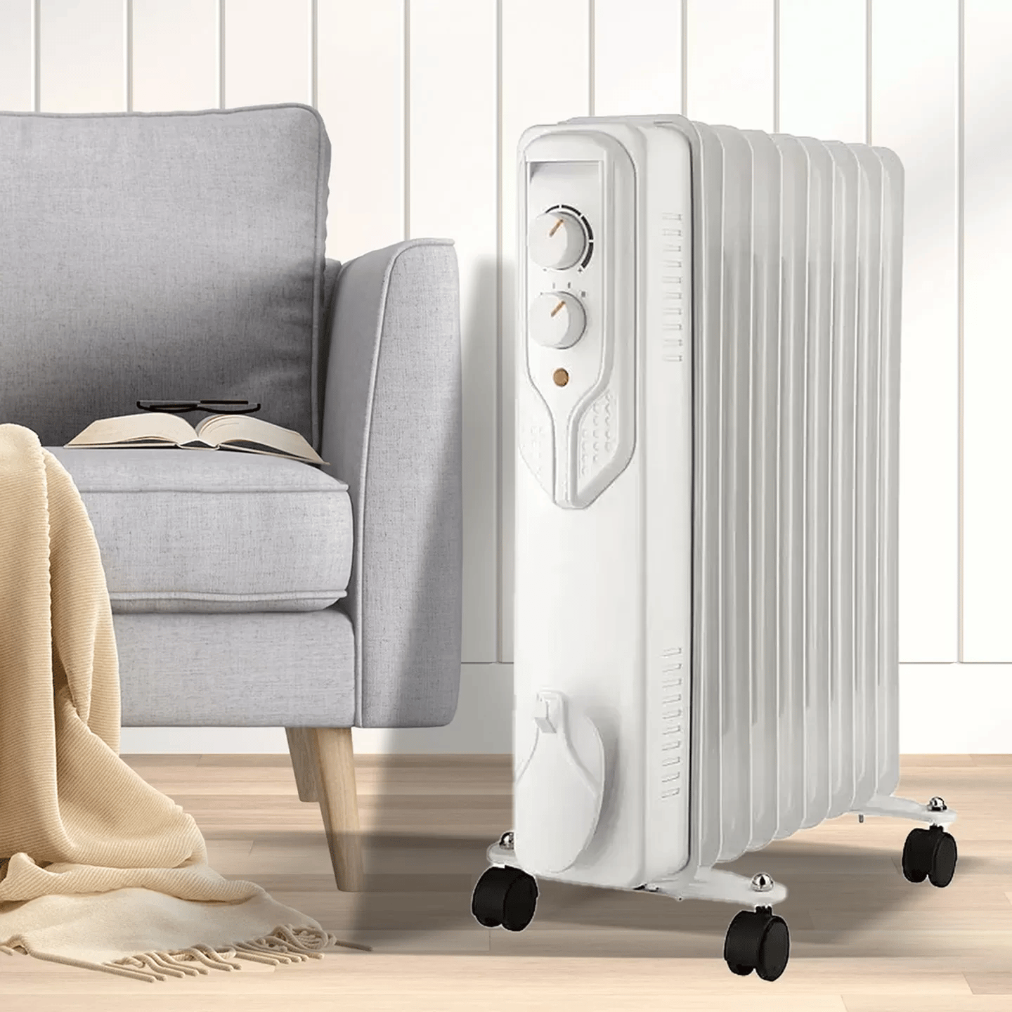 Voltomat 2000W Termostatlı Yağlı Radyatör – 9 Dilim, 3 Kademe (800/1200/2000W), Tekerlekli, Beyaz (20 m²)
