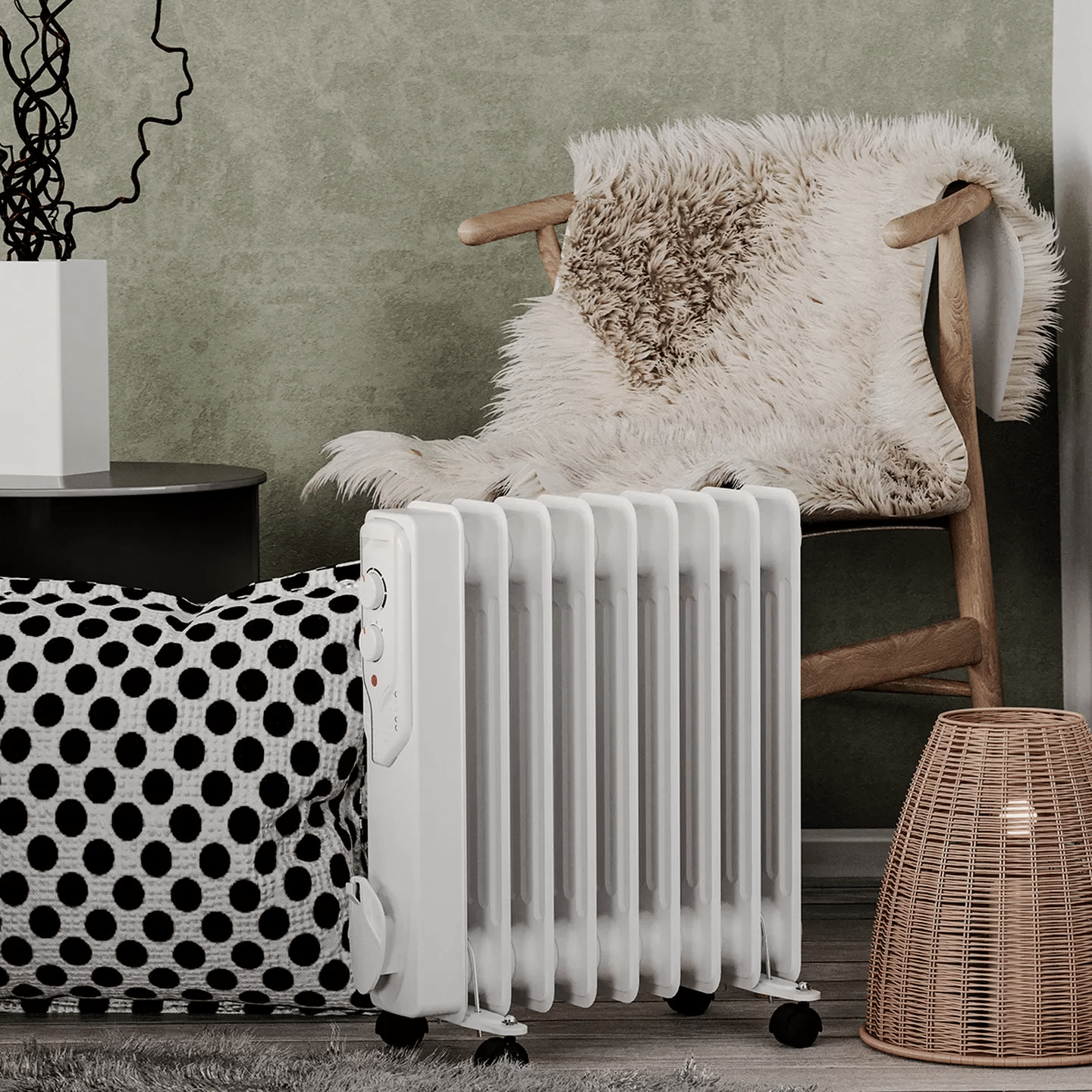 Voltomat 2000W Termostatlı Yağlı Radyatör – 9 Dilim, 3 Kademe (800/1200/2000W), Tekerlekli, Beyaz (20 m²)