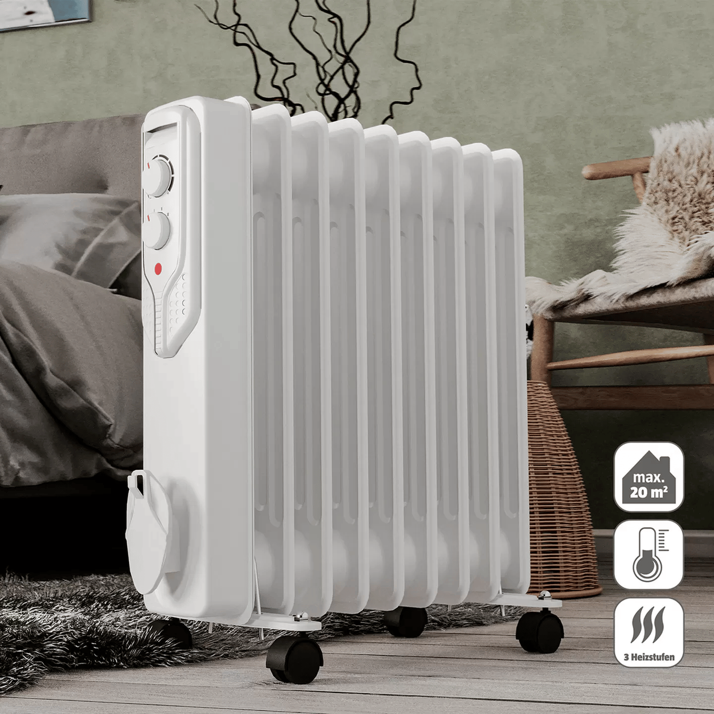 Voltomat 2000W Termostatlı Yağlı Radyatör – 9 Dilim, 3 Kademe (800/1200/2000W), Tekerlekli, Beyaz (20 m²)
