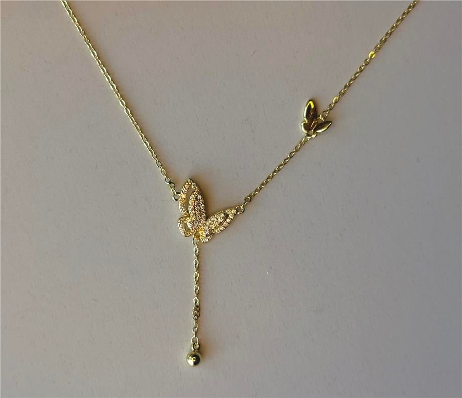 gold gömme taş kelebek detay Y kolye