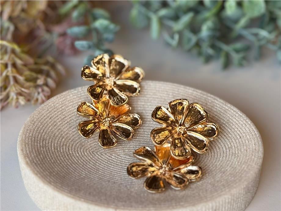 Gold İkili Çiçek Küpe
