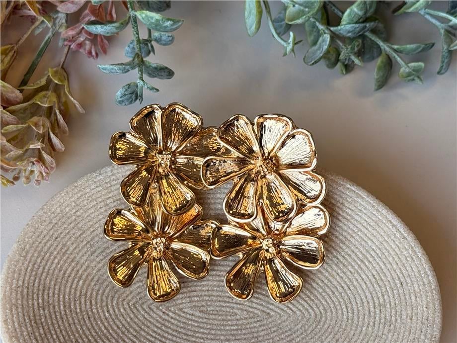 Gold İkili Çiçek Küpe