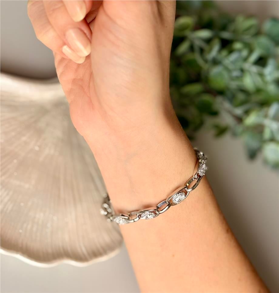 Silver Oval Taşlı Zincir Detaylı Xuping Bileklik