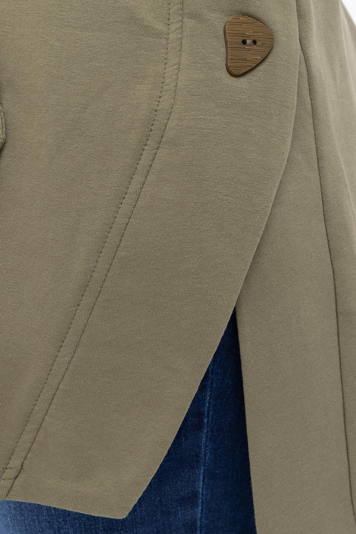 Haki-Kanguru Cepli Şerit Dantelli Likralı Büyük Beden Sweat