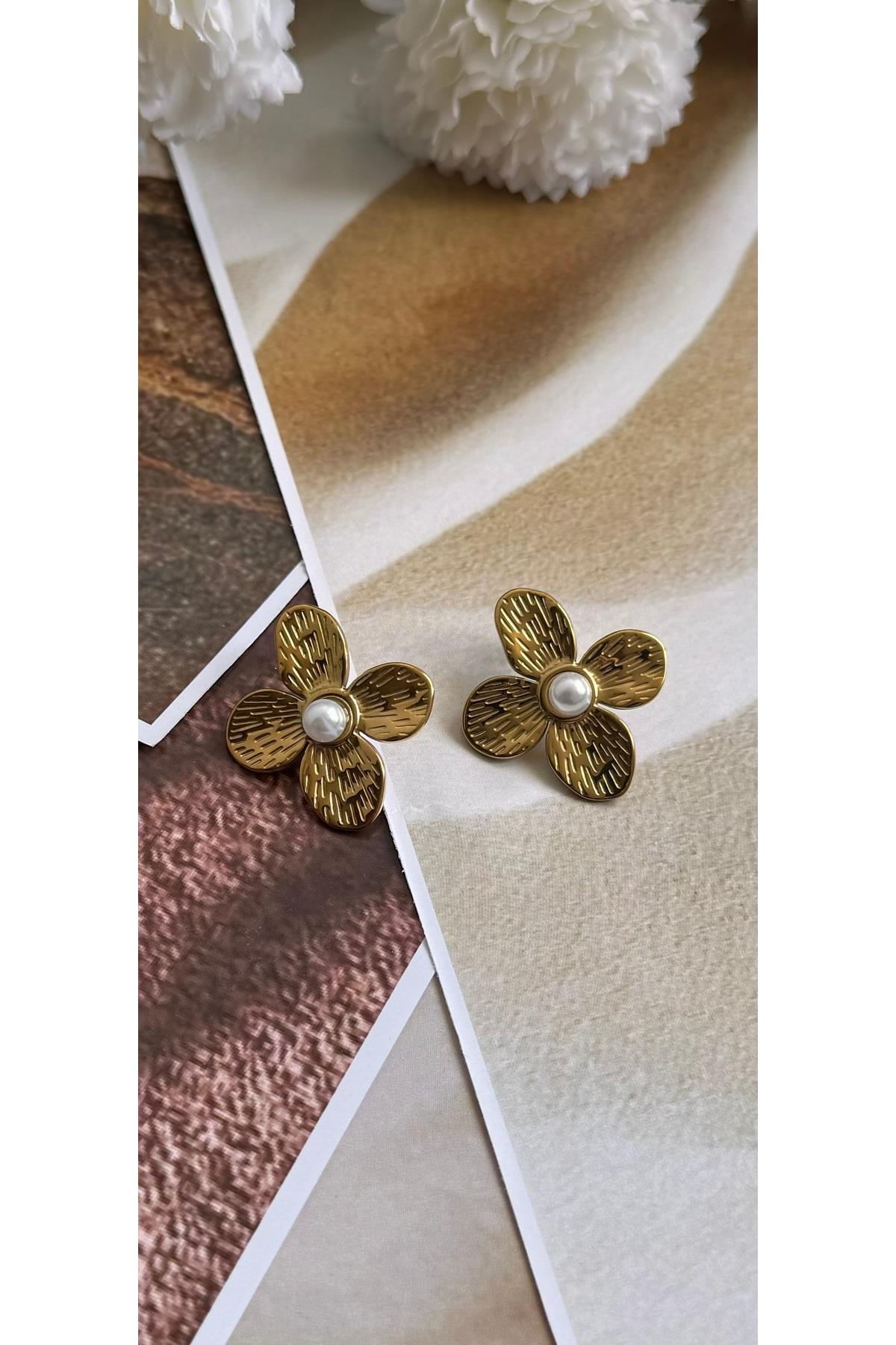 Çelik gold pinterest çiçek küpe