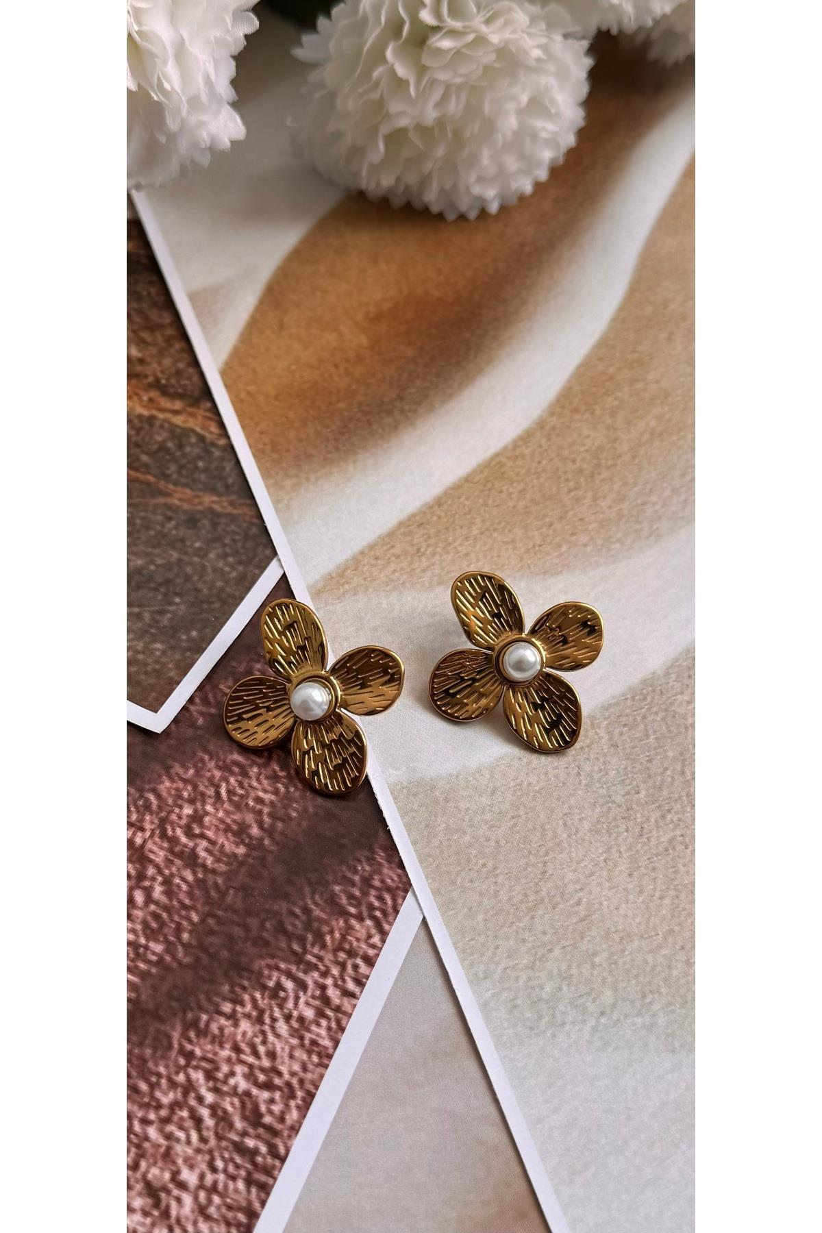 Çelik gold pinterest çiçek küpe
