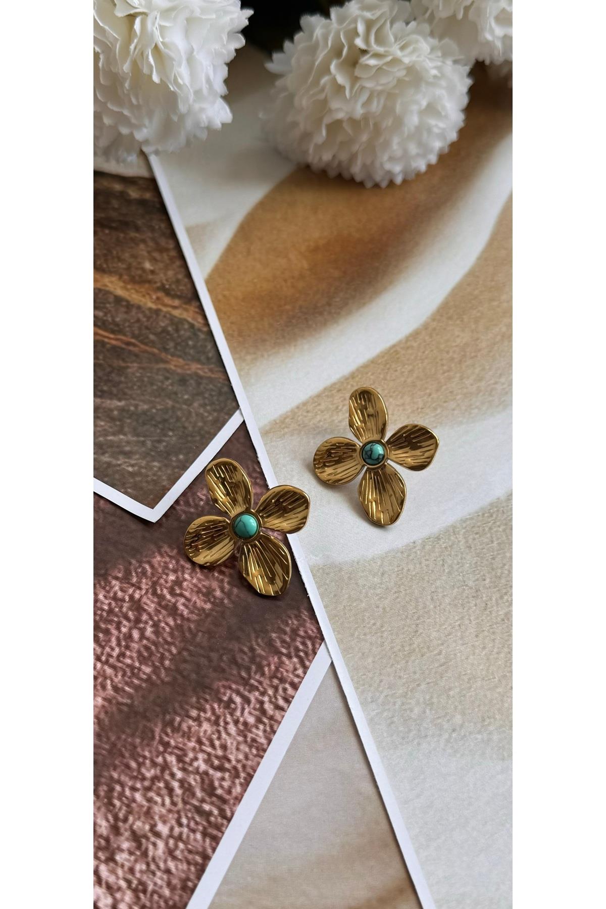 Çelik pinterest gold çiçek küpe