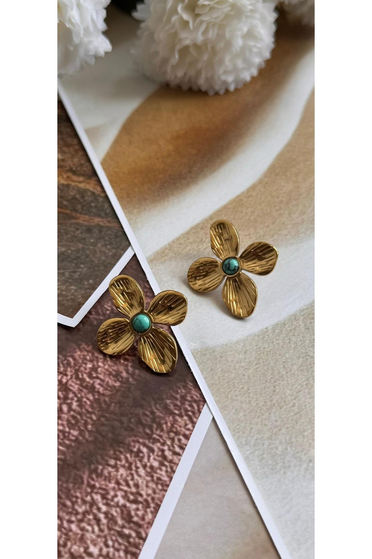 Çelik pinterest gold çiçek küpe