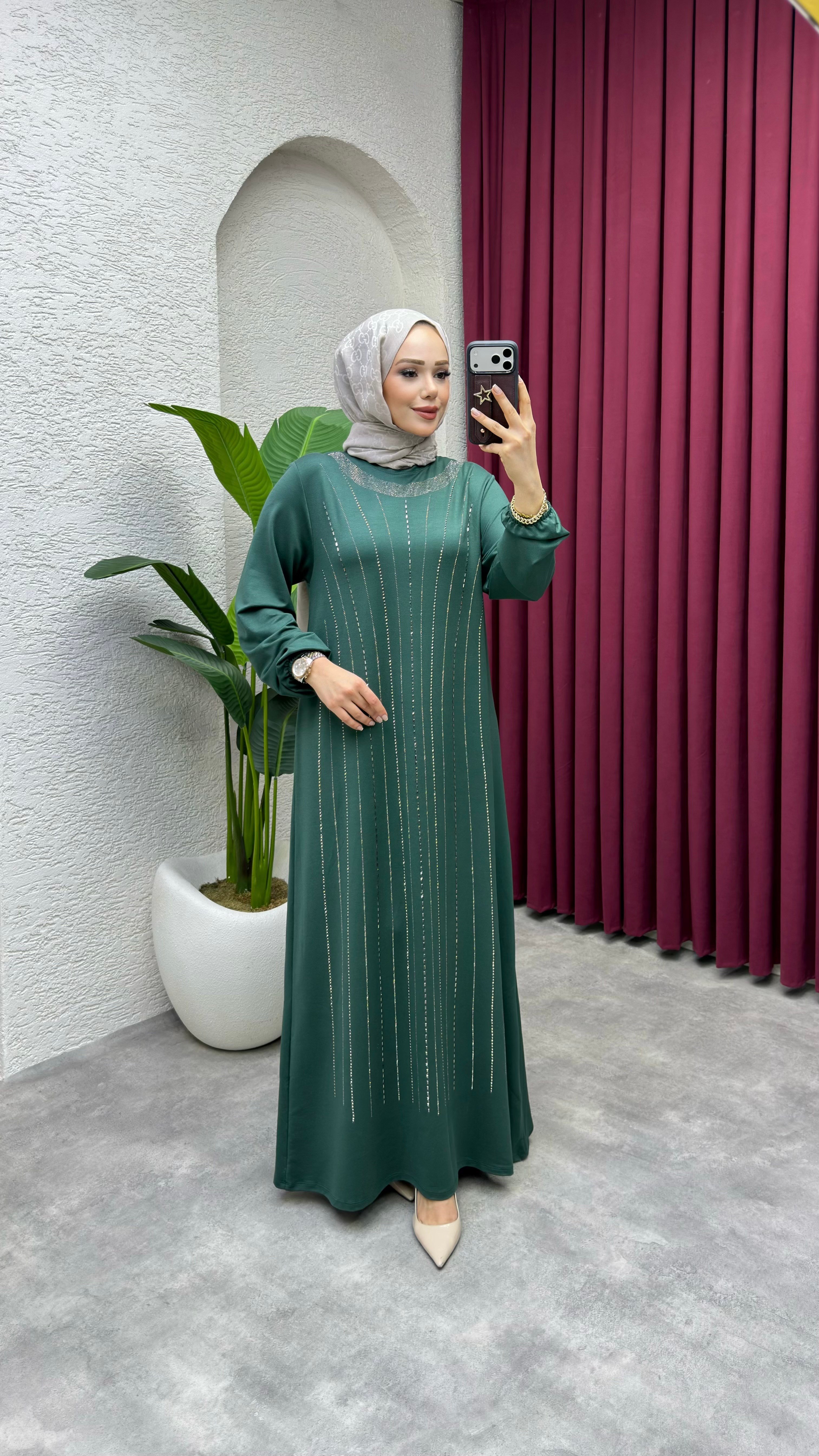 Asya Önü Taşlı Elbise 3468 Zümrüt