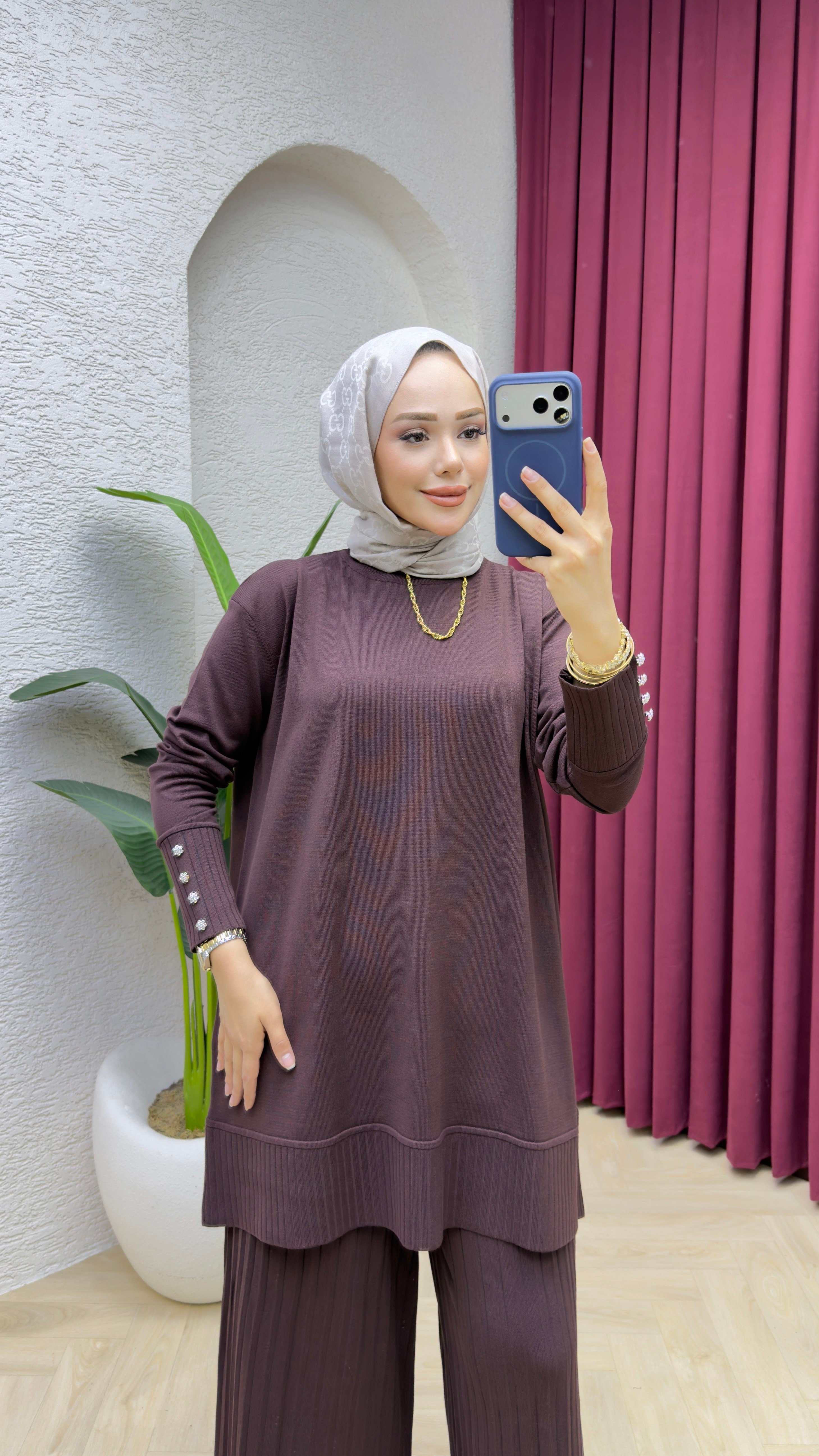 Azra Merserize Pantolonlu Takım 7045 Kahverengi