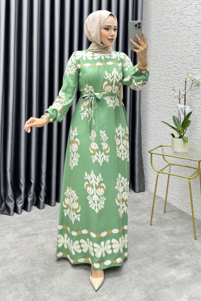Desenli Viskon Elbise | Mint