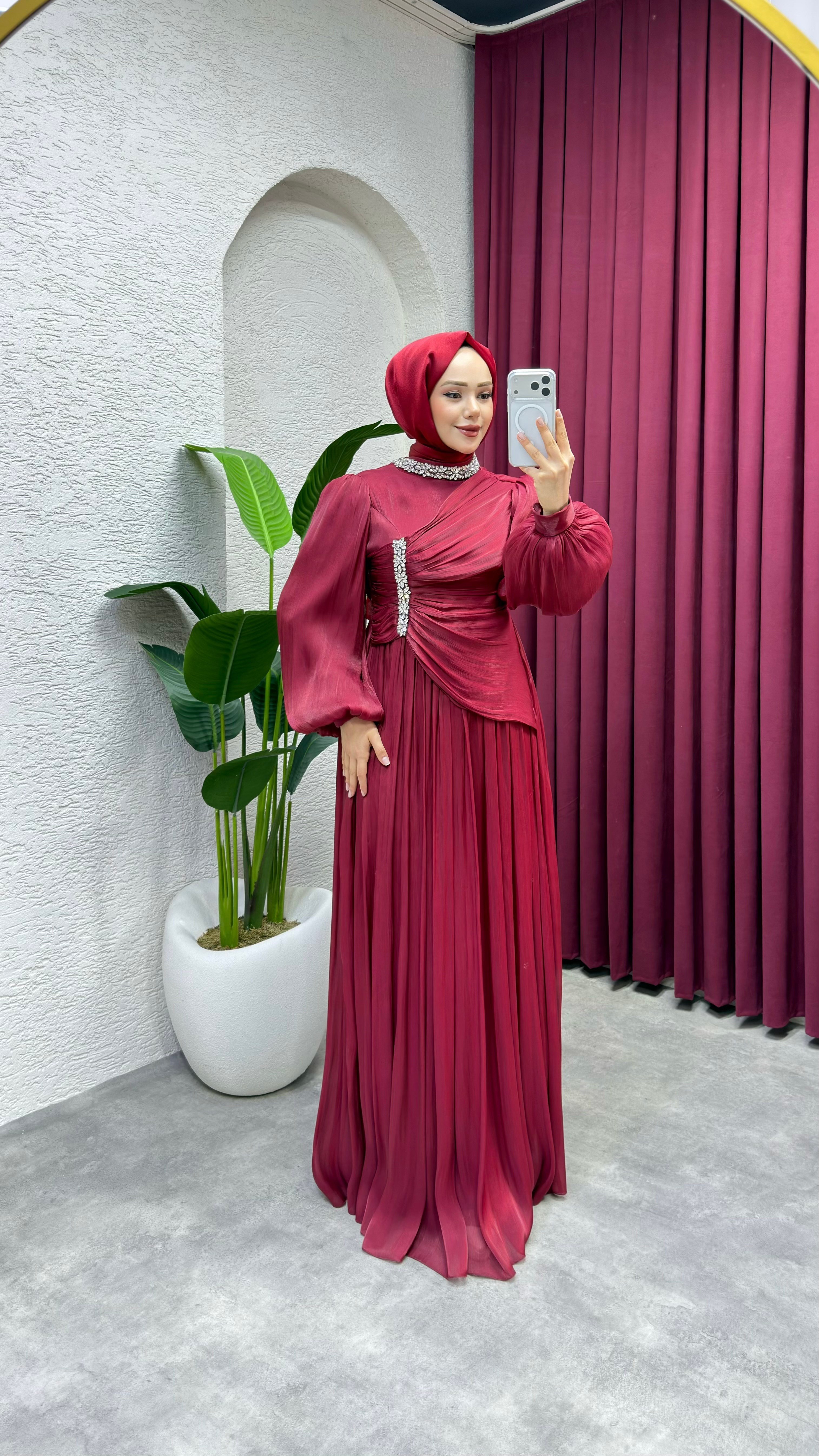 Diva Drape Detay Abiye 8083 Bordo