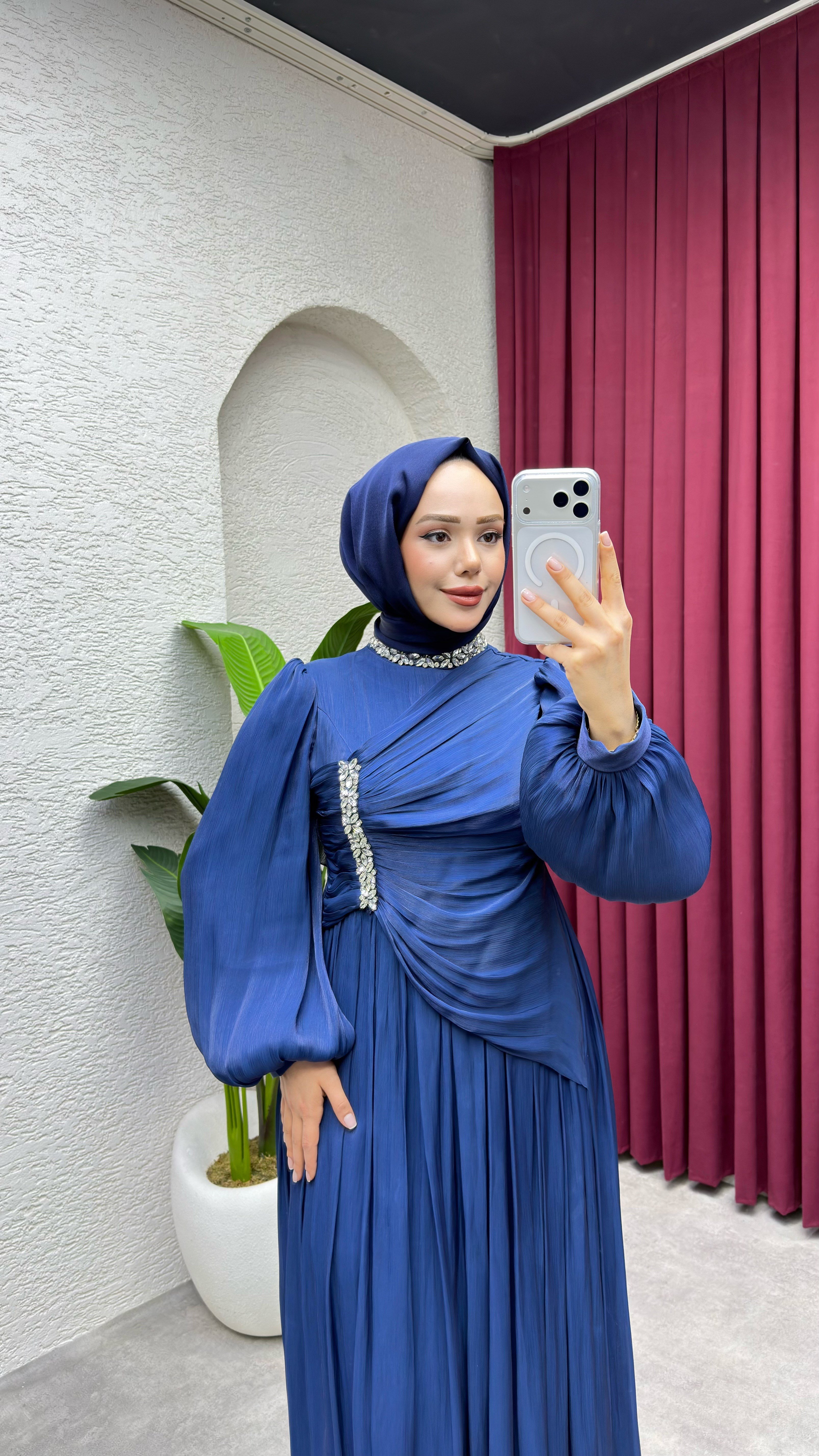 Diva Drape Detay Abiye 8083 Lacivert
