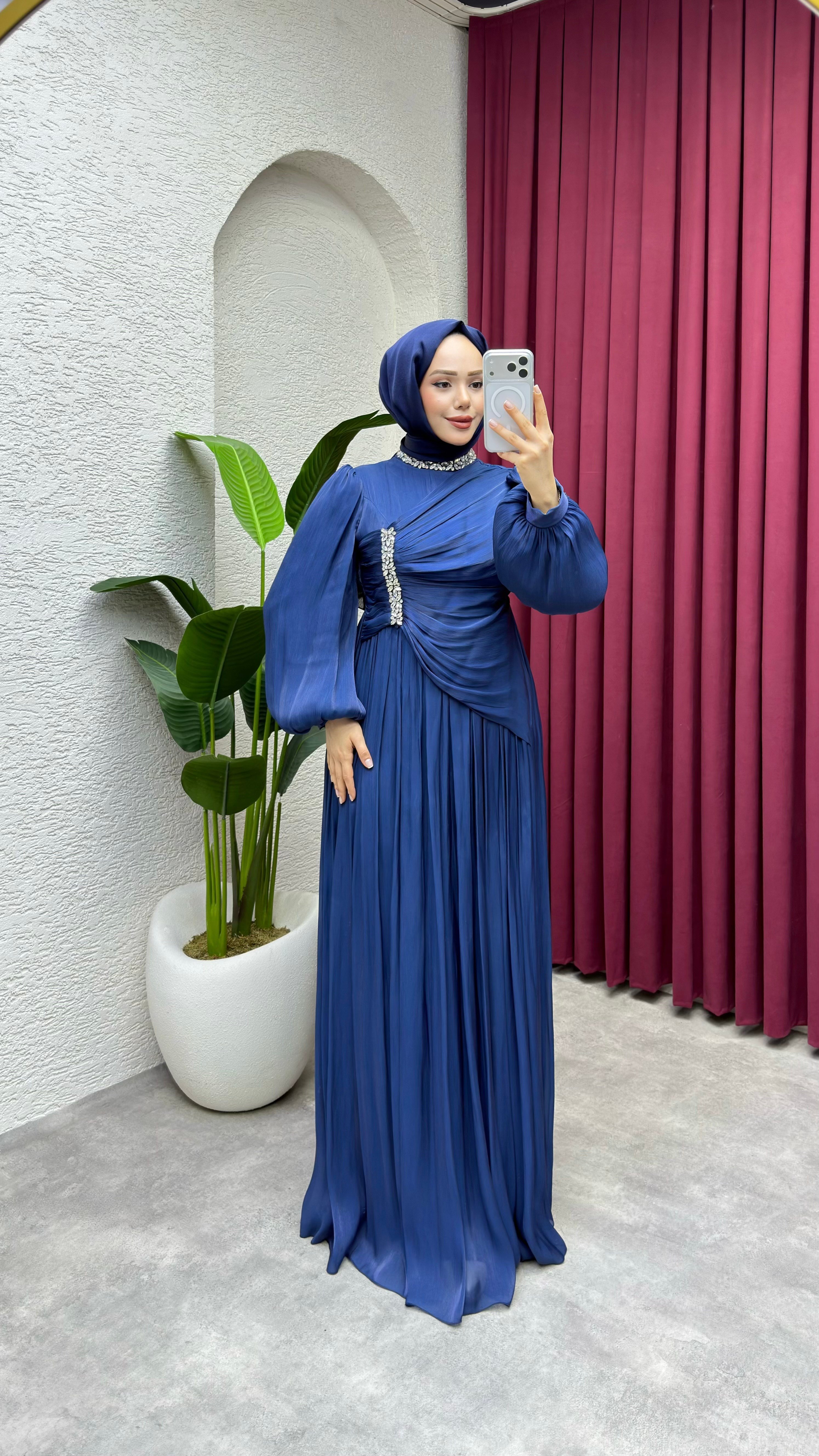 Diva Drape Detay Abiye 8083 Lacivert