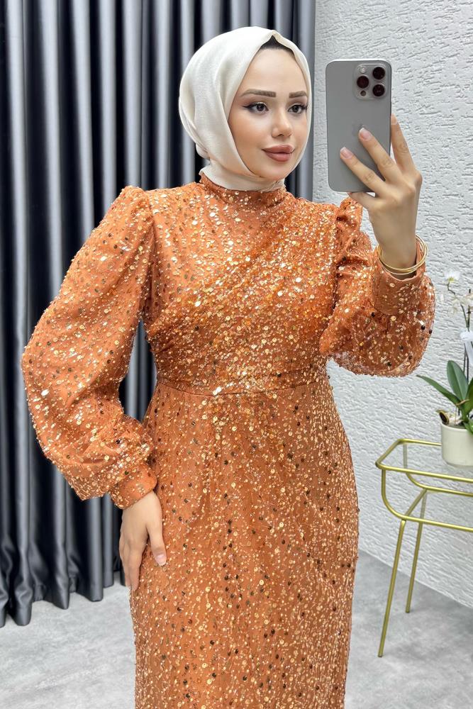 Drape İşlemeli Pullu Abiye | Bakır