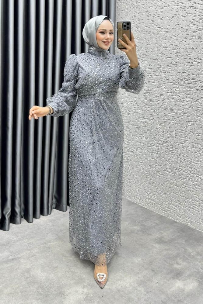 Drape İşlemeli Pullu Abiye | Gri