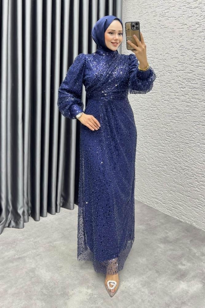 Drape İşlemeli Pullu Abiye | Lacivert