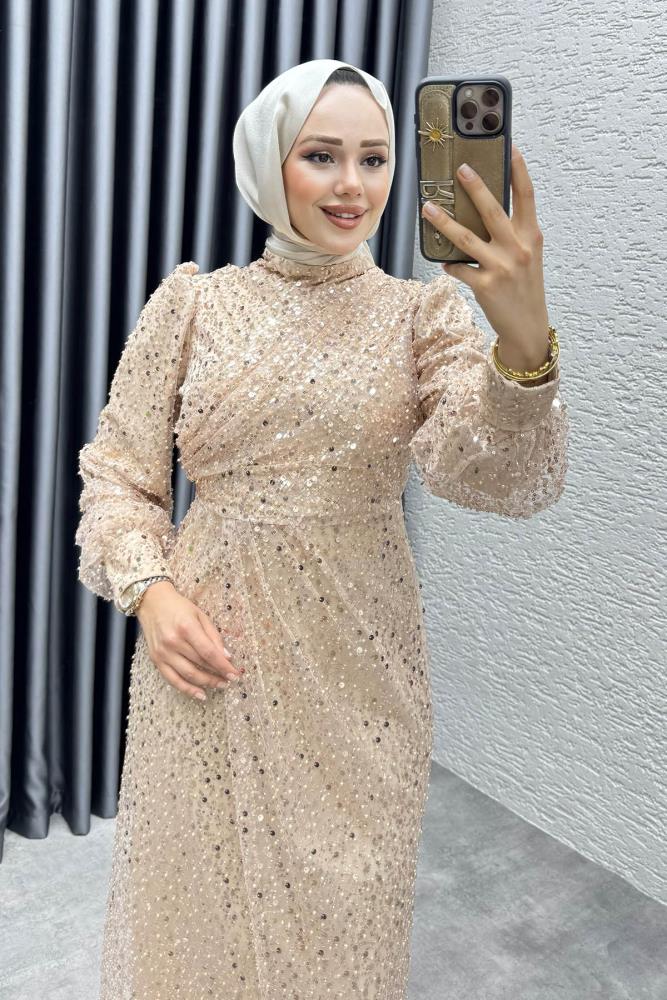 Drape İşlemeli Pullu Abiye | Vizon