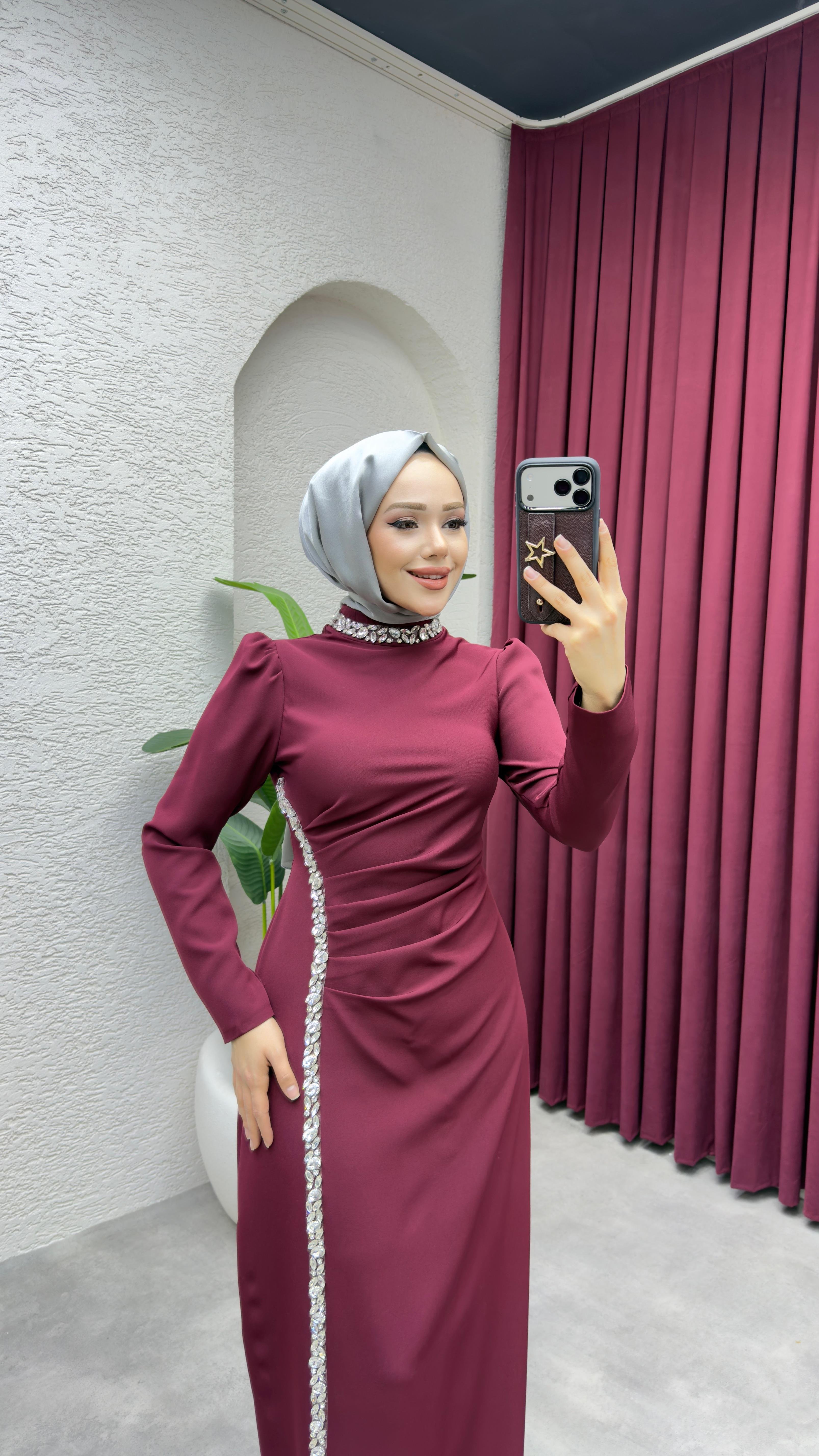 Fulya Drape Tasarım Elbise 8047 Bordo