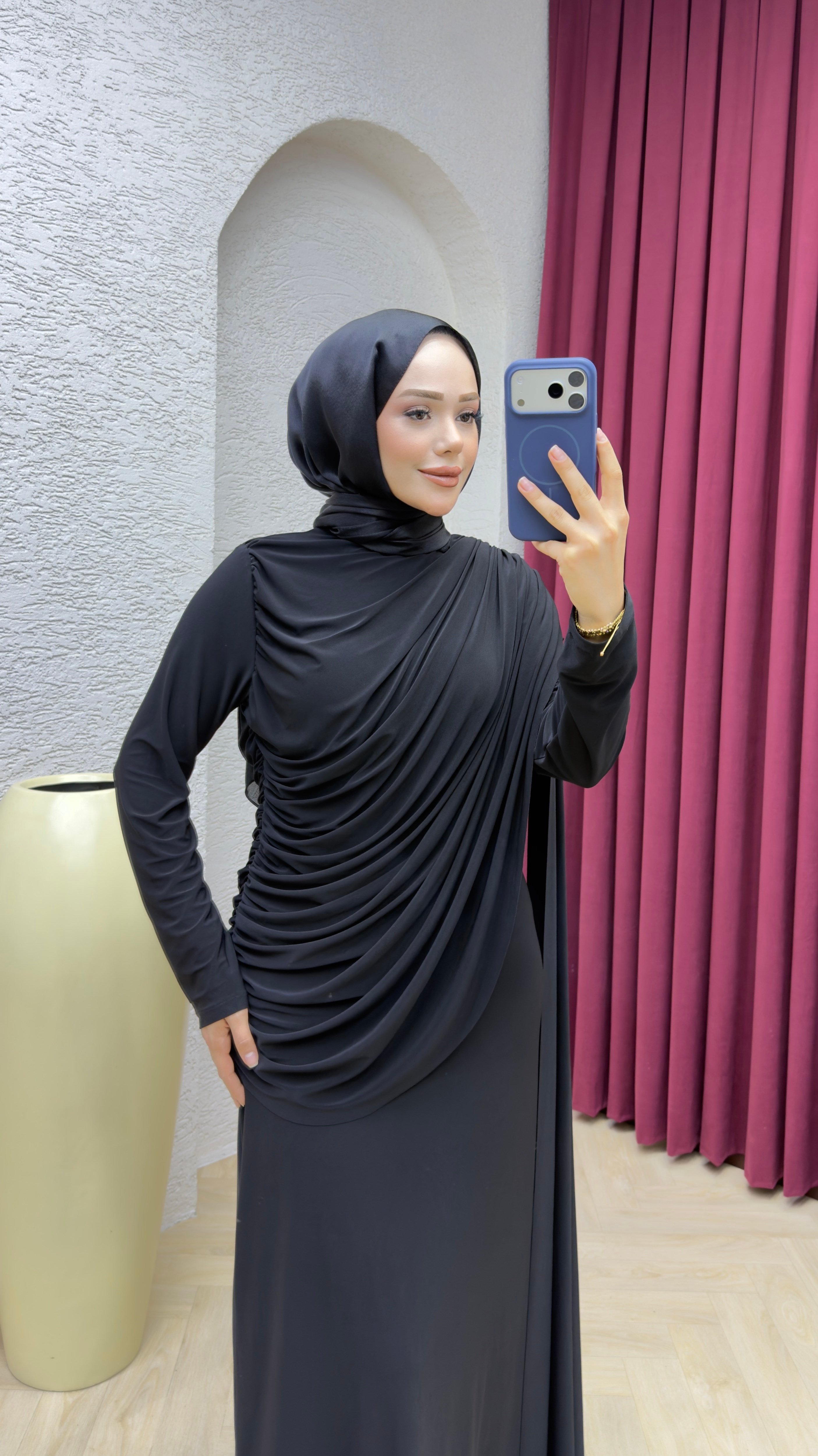 Hale Drape Detaylı Elbise 6447 Siyah