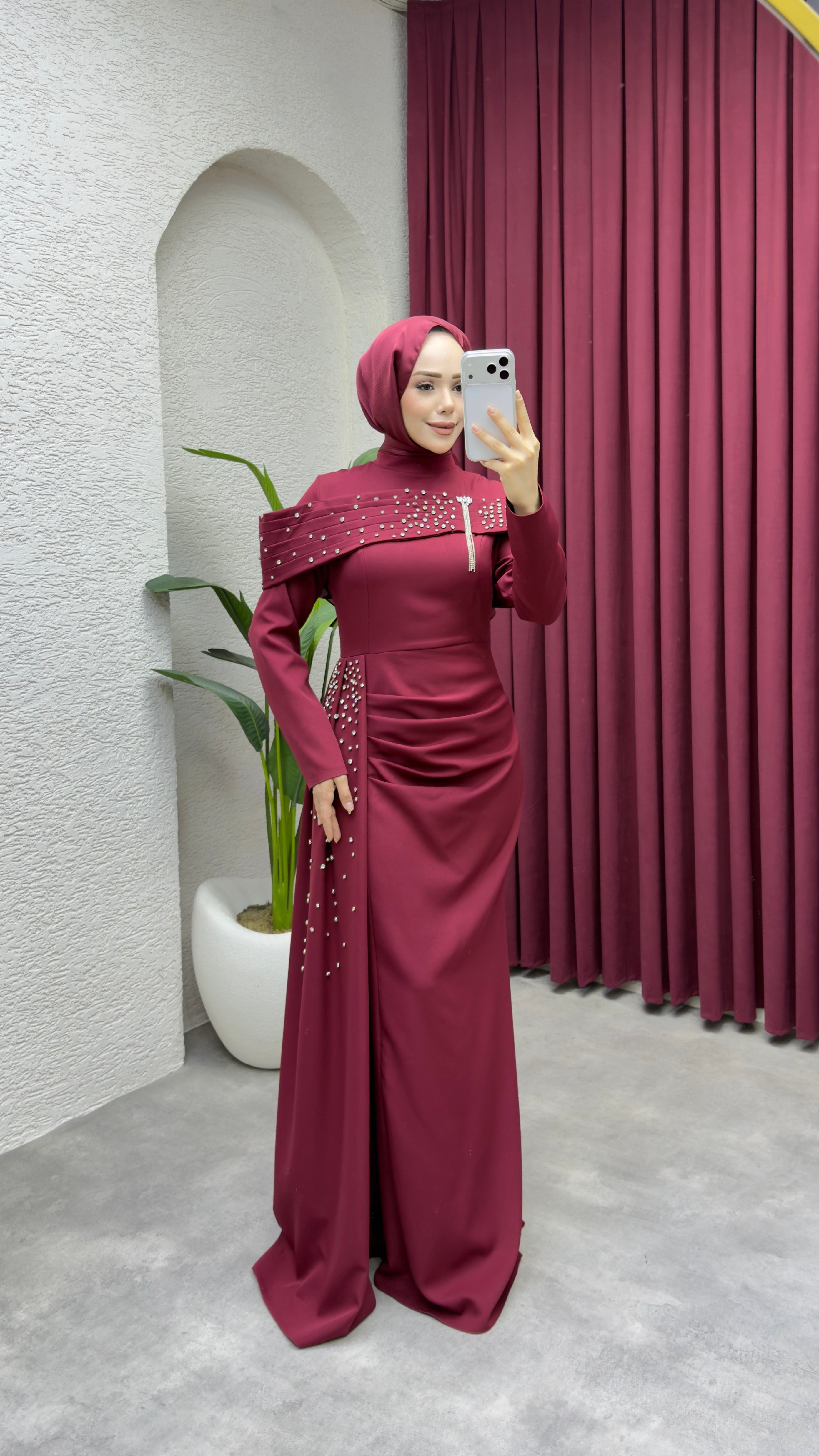 Hürrem Degaje Detay Abiye 8090 Bordo