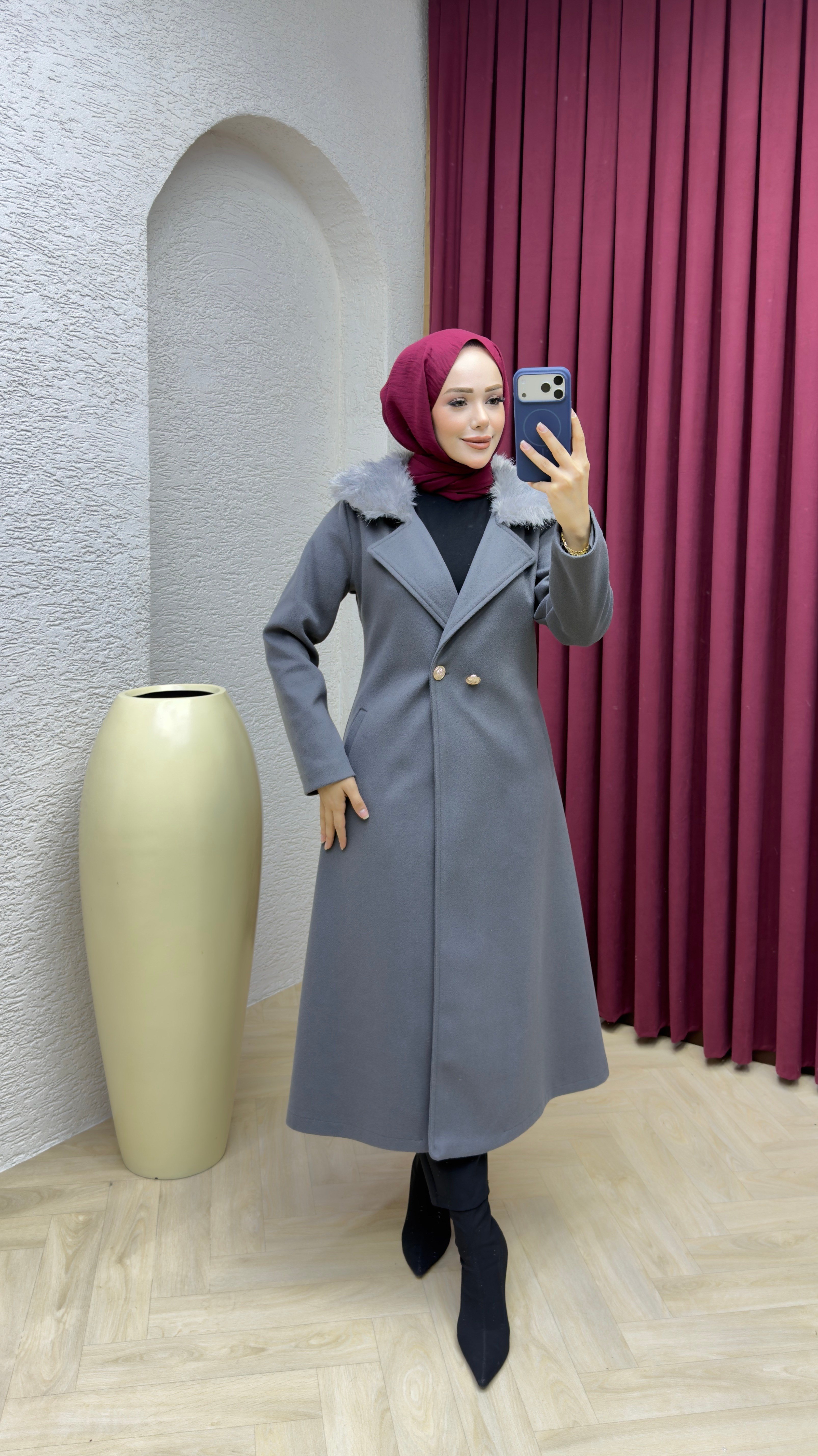 Kruvaze Yaka Kürklü İthal Kaşe Kaban 1010 Gri