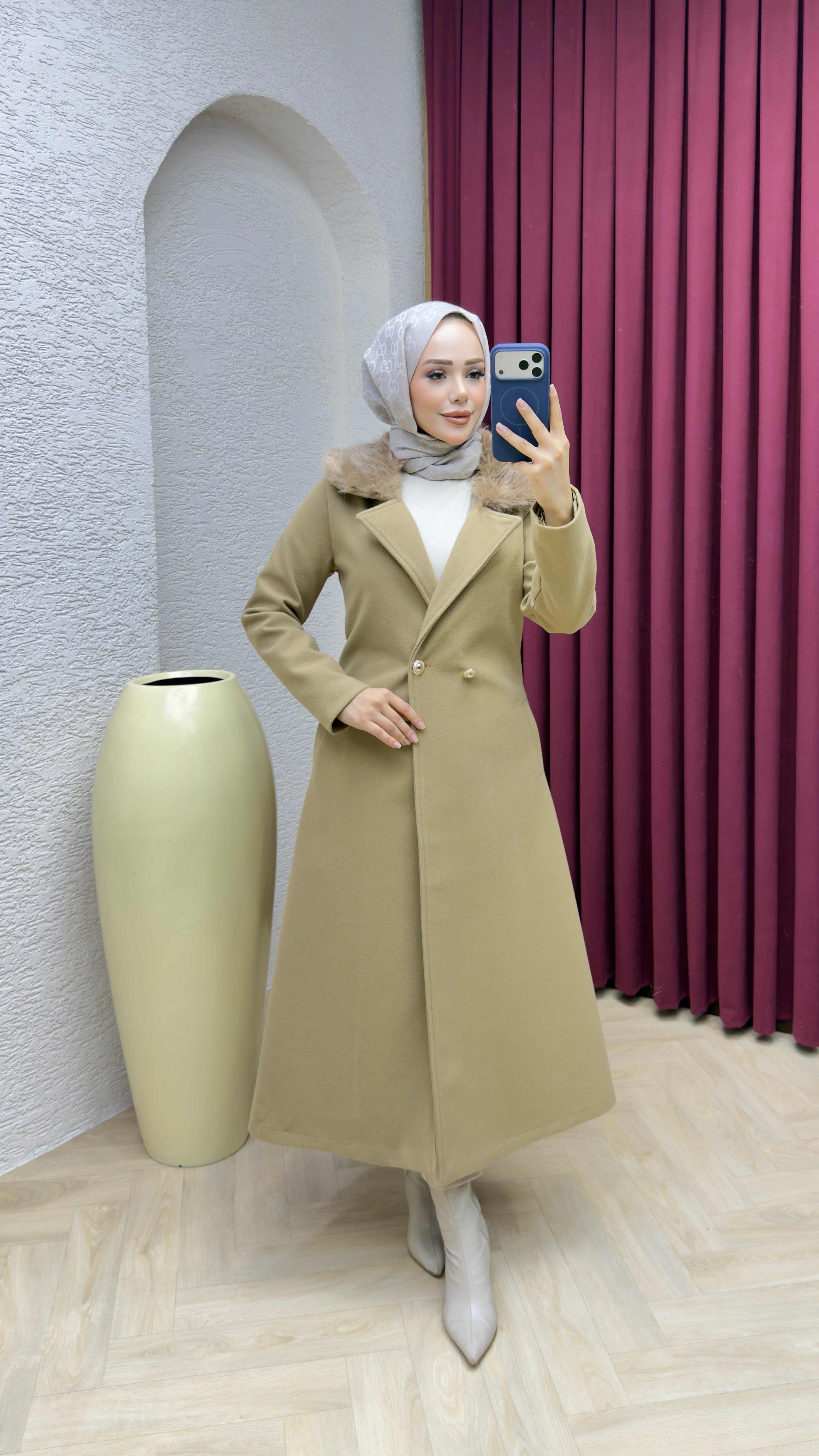Kruvaze Yaka Kürklü İthal Kaşe Kaban 1010 Vizon