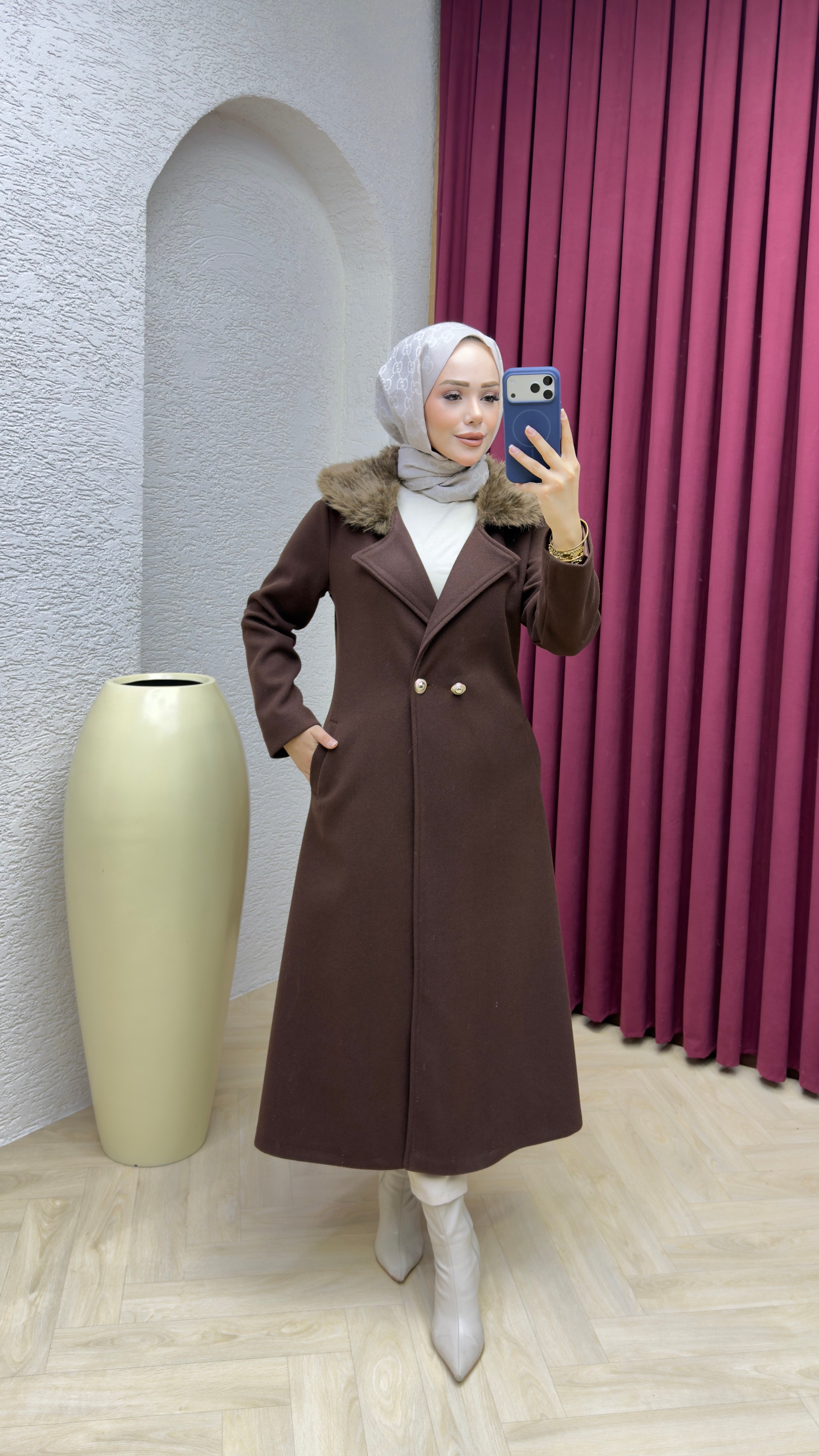 Kruvaze Yaka Kürklü İthal Kaşe Kaban 1010 Kahverengi