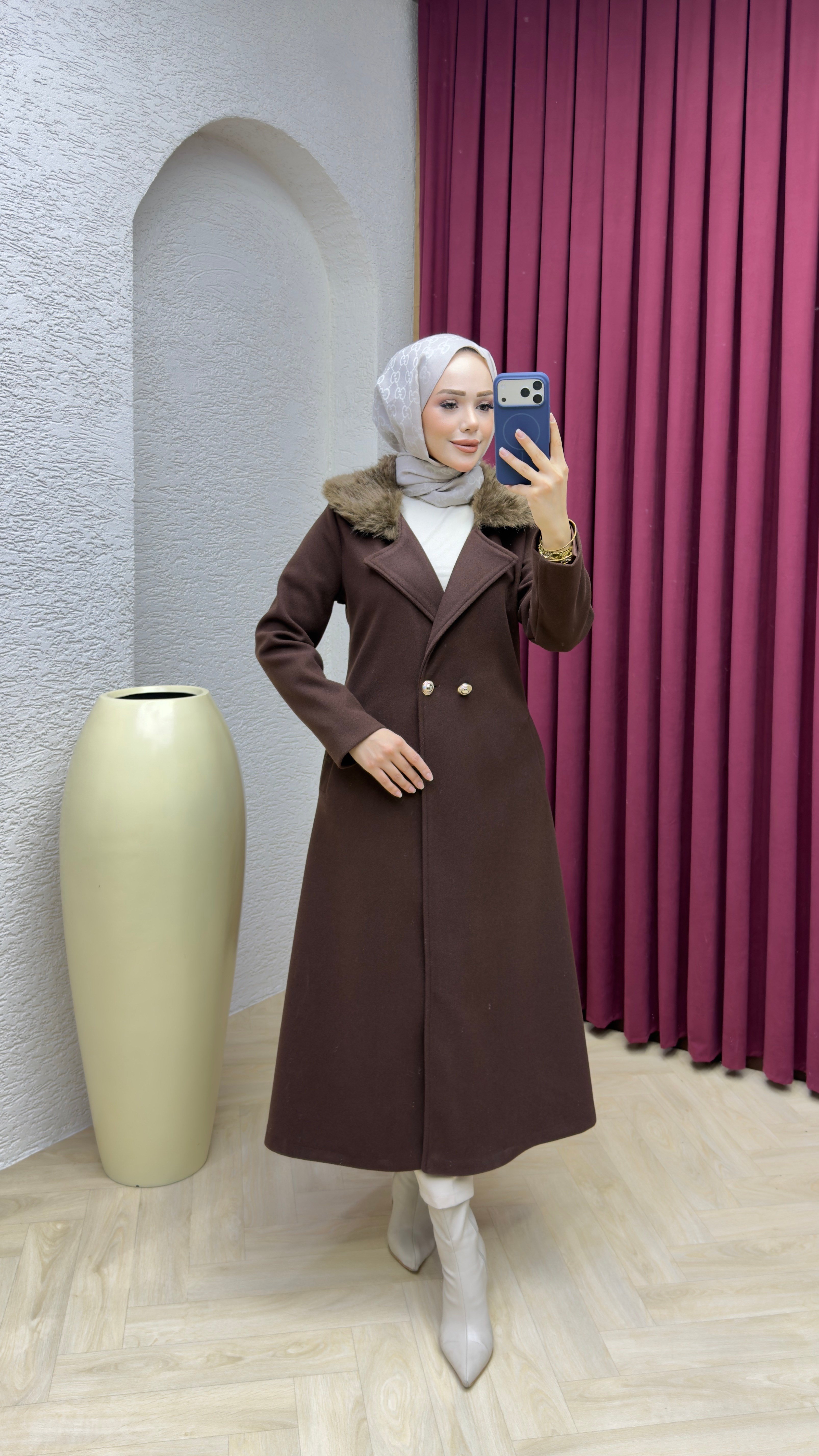 Kruvaze Yaka Kürklü İthal Kaşe Kaban 1010 Kahverengi